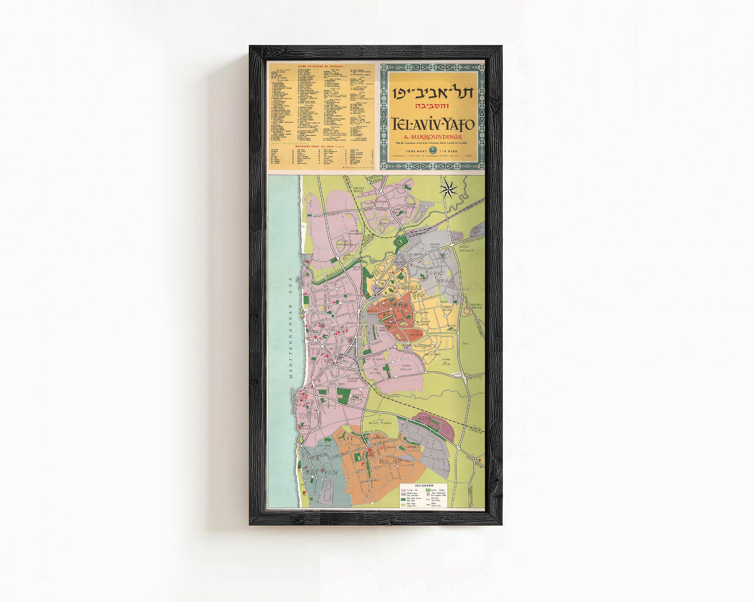 The image is a framed map of Tel Aviv, Israel, with a yellow border and black frame.