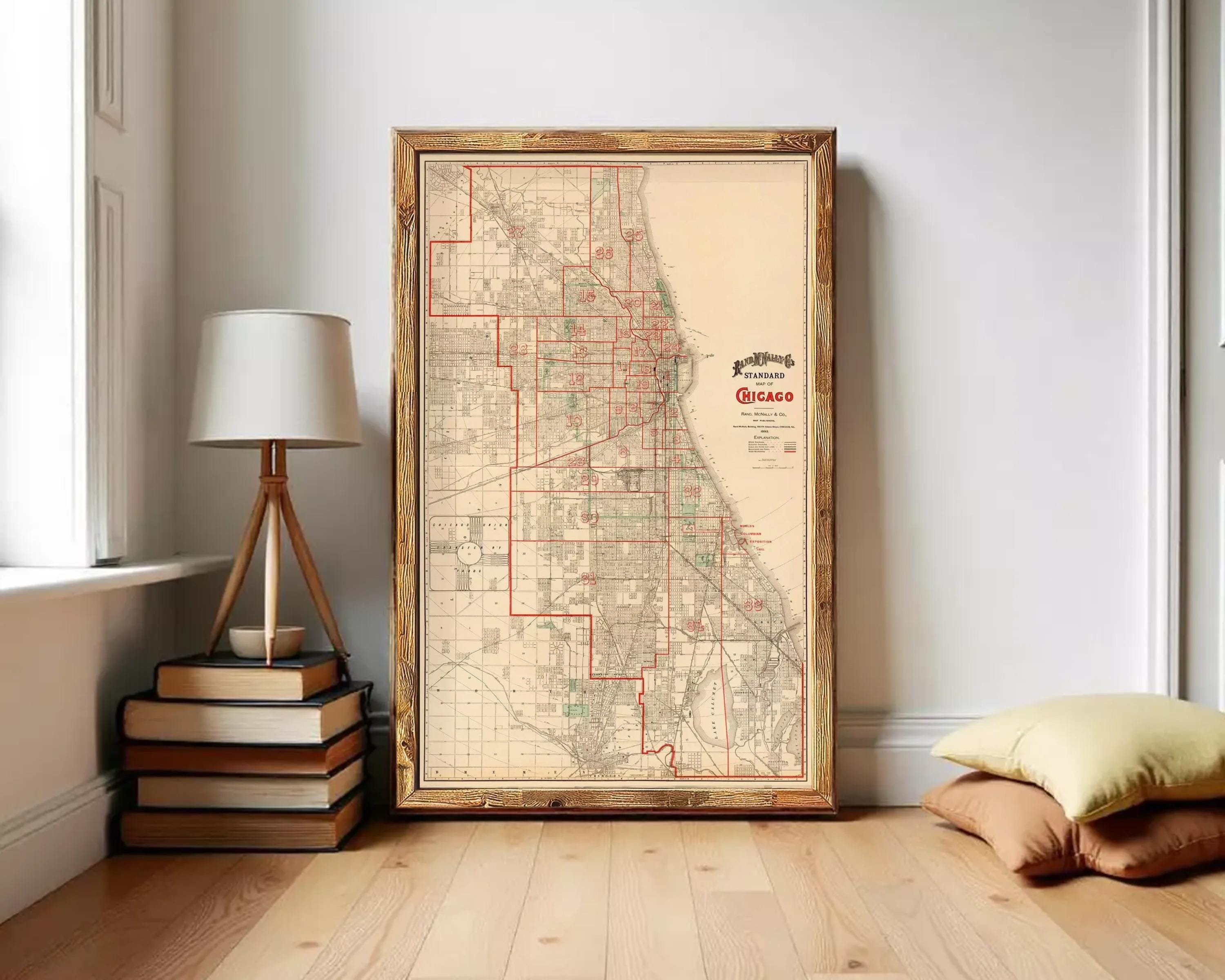 The image is a framed vintage map of Chicago, Illinois, USA.