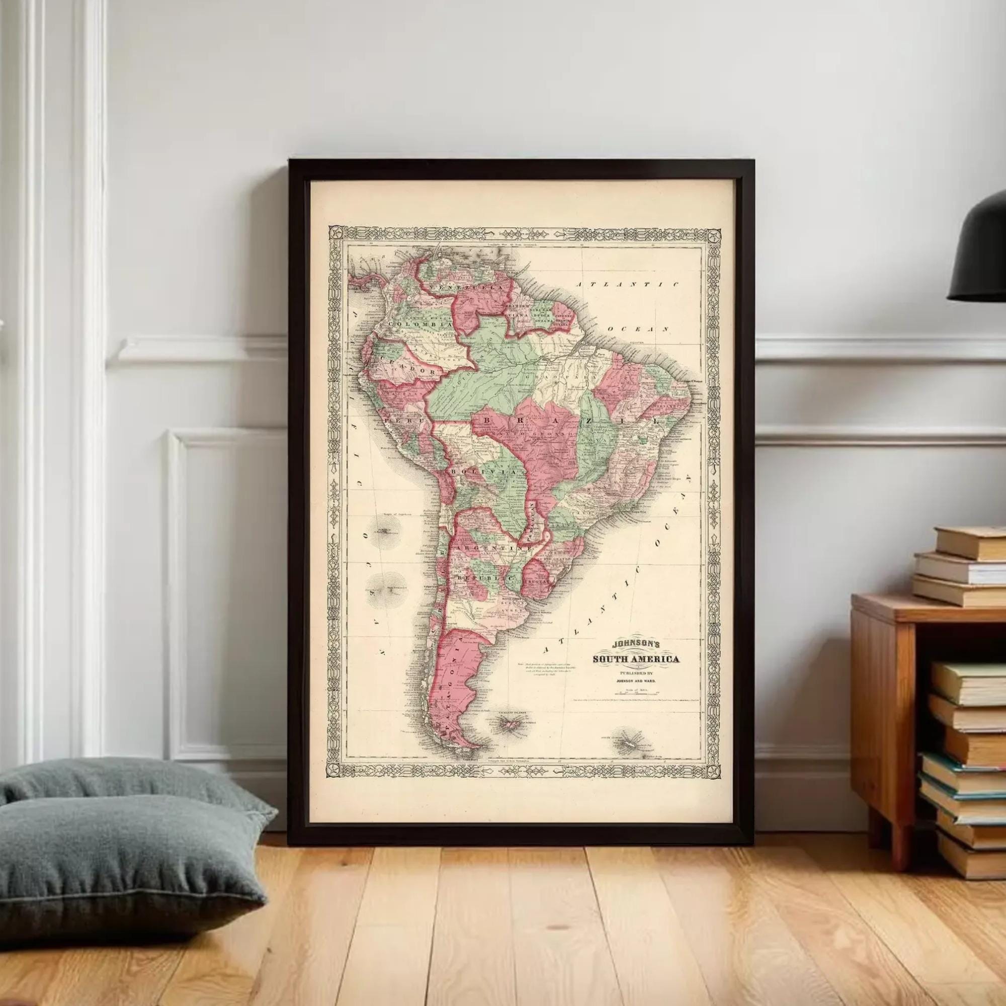 The image is a framed map of South America, depicting the countries and regions of the continent.