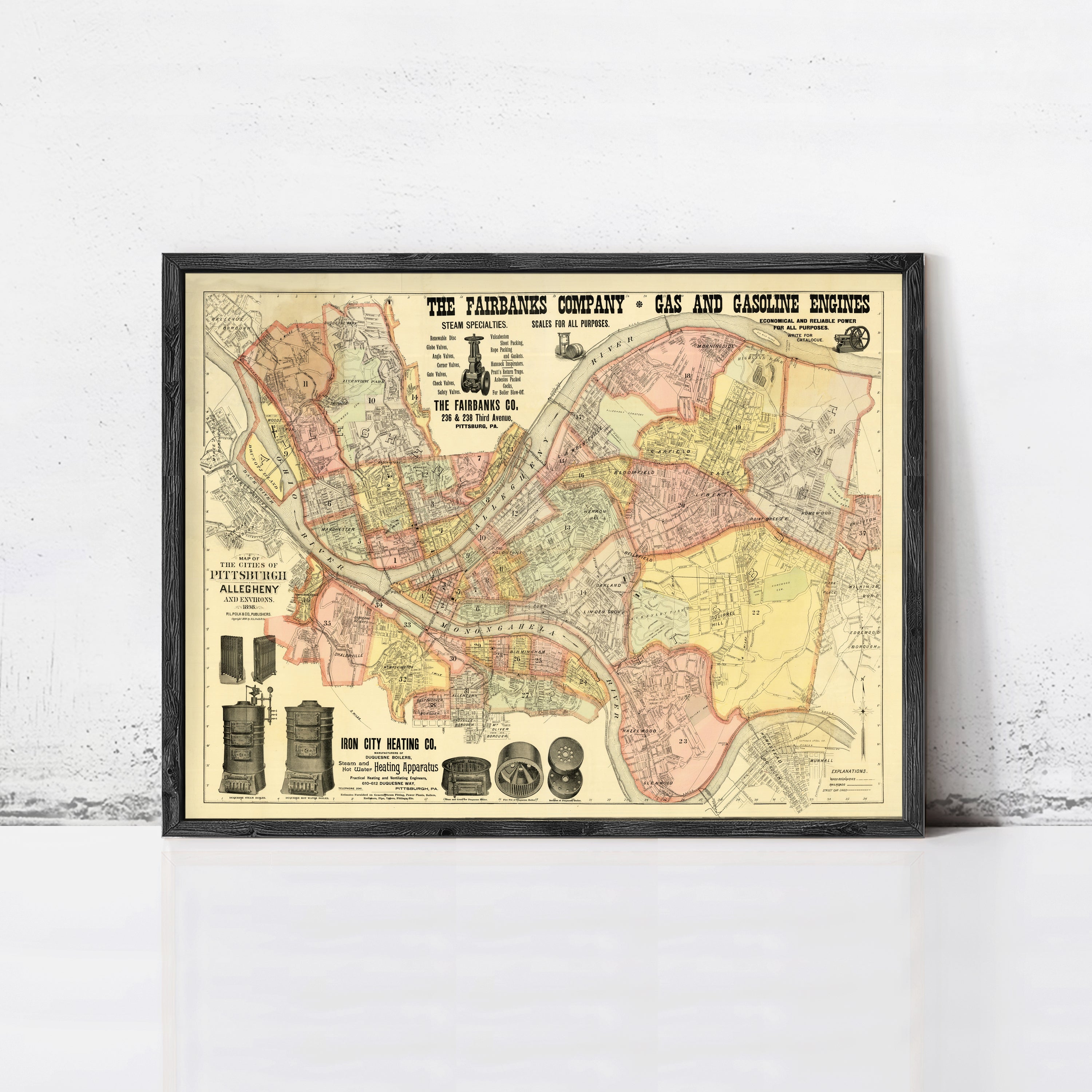 The image is a framed vintage map of the Fairbanks, Alaska area, depicting the Fairbanks Railway Company and its gas and oil refineries.