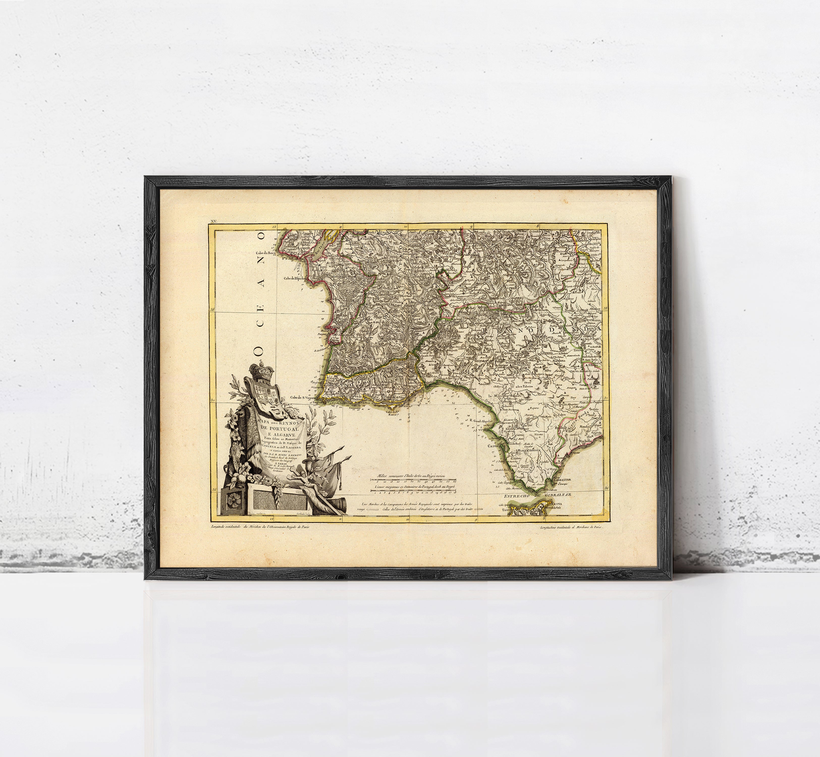 The image is a framed antique map of the Iberian Peninsula, which includes Spain, Portugal, and Portugal's neighboring countries.