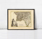 The image is a framed antique map of the Iberian Peninsula, which includes Spain, Portugal, and Portugal's neighboring countries.