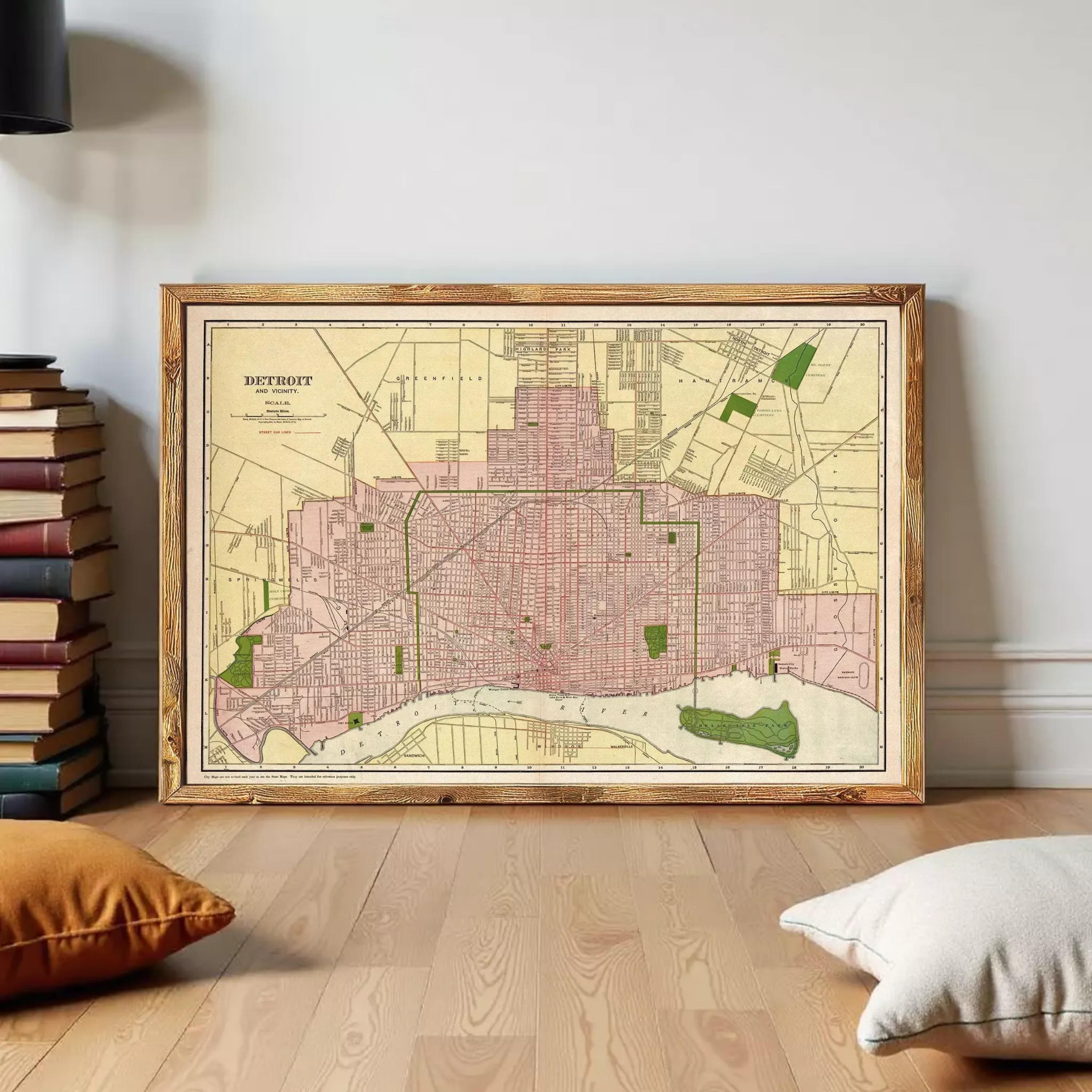 The image is a framed map of Detroit, Michigan, showing the city's streets, neighborhoods, and surrounding areas.