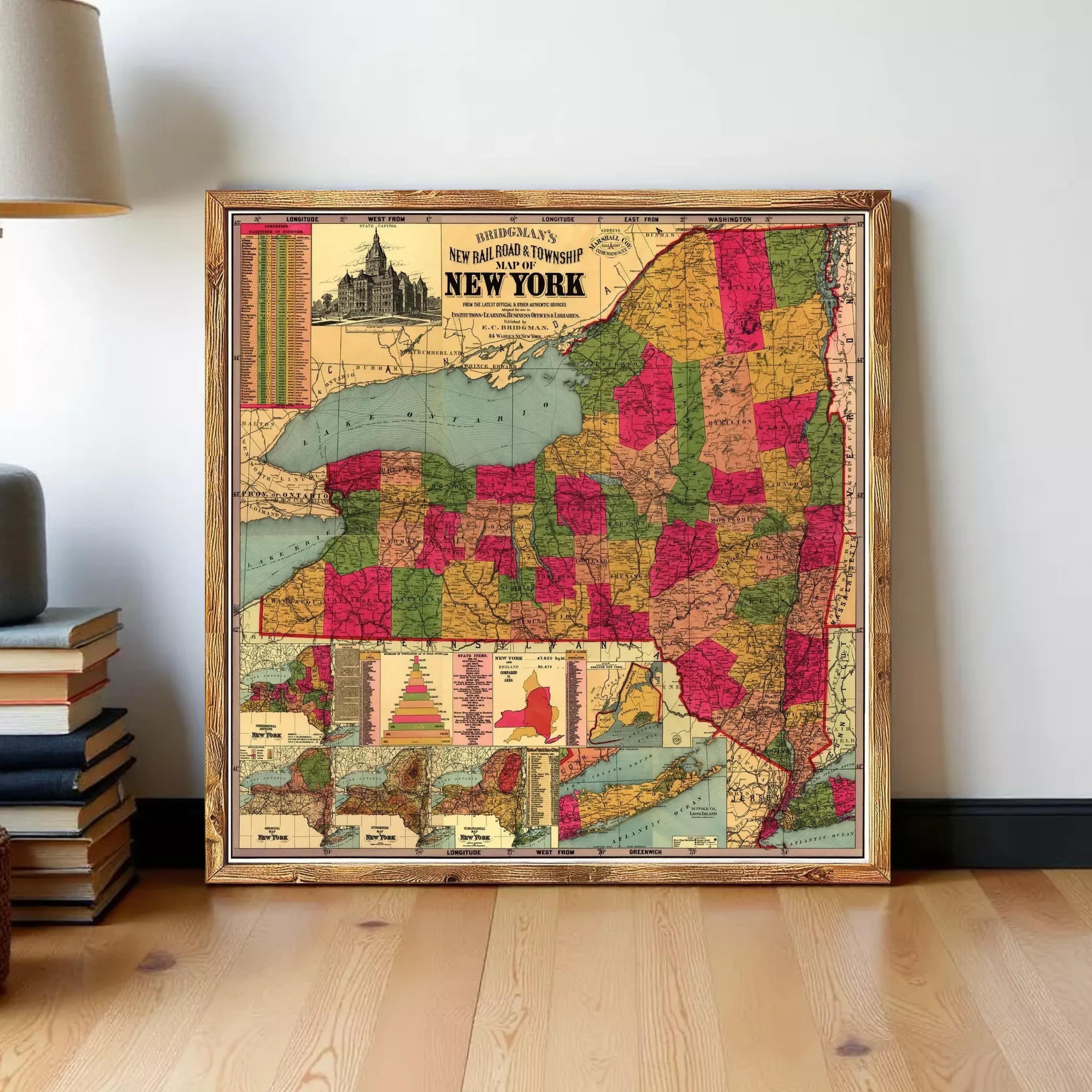 A framed vintage map of New York State, depicting the state's geographical layout and surrounding areas.