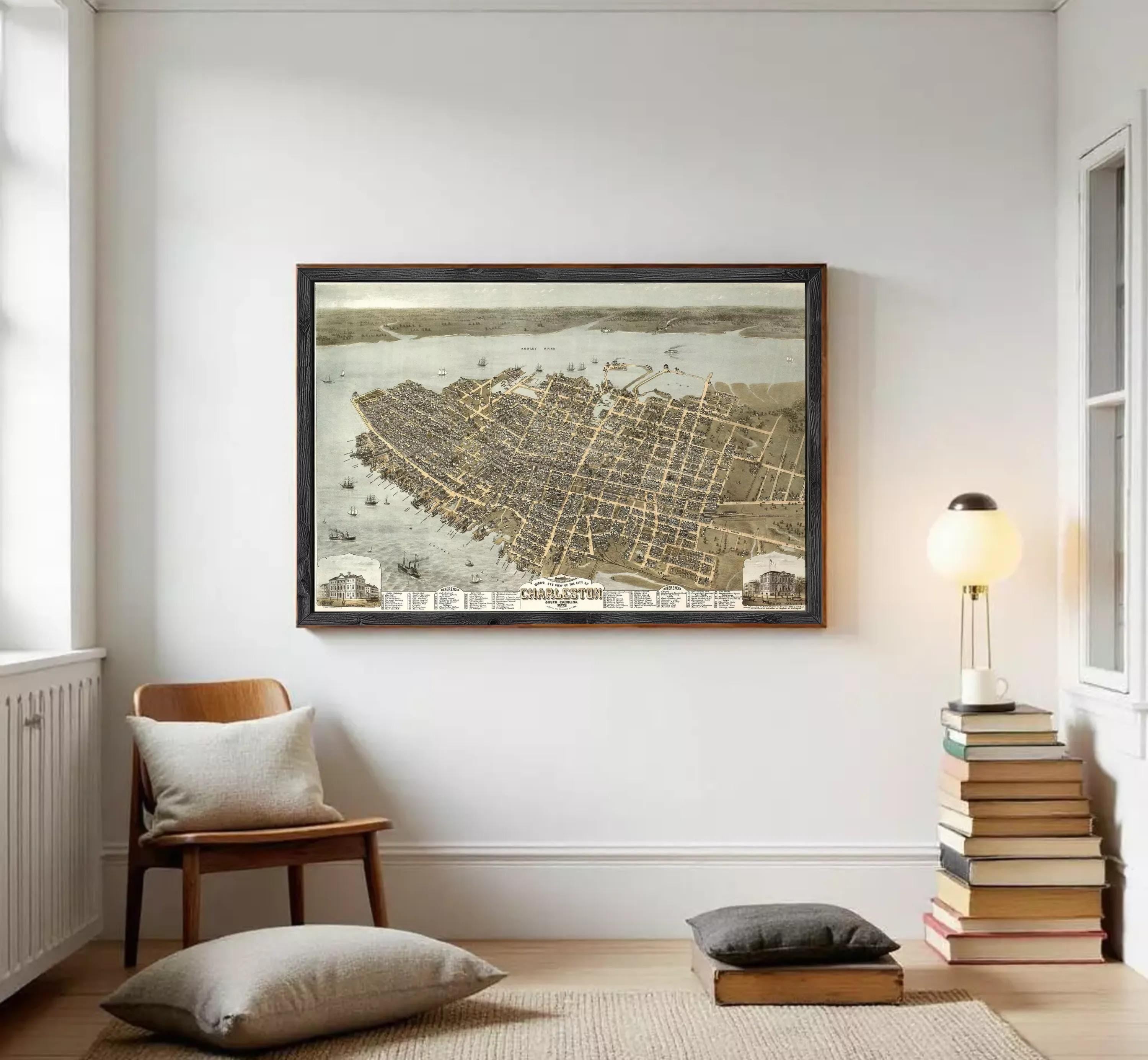 The image is a framed vintage map of the city of Charleston, South Carolina, depicting the city's layout and surrounding areas.