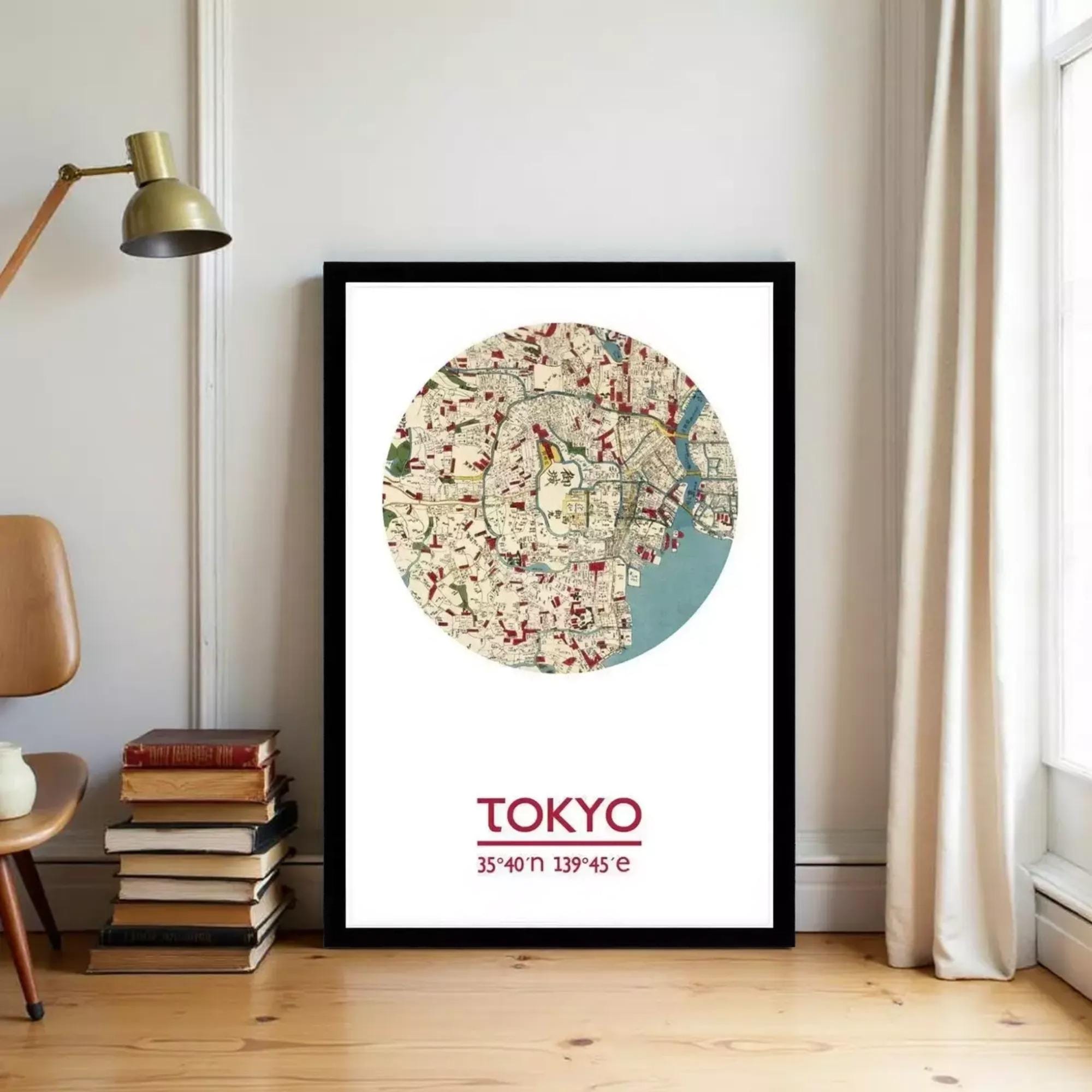 A framed map of Tokyo, Japan, with the text "TOKYO 35° 17' 119.5°" printed on it.