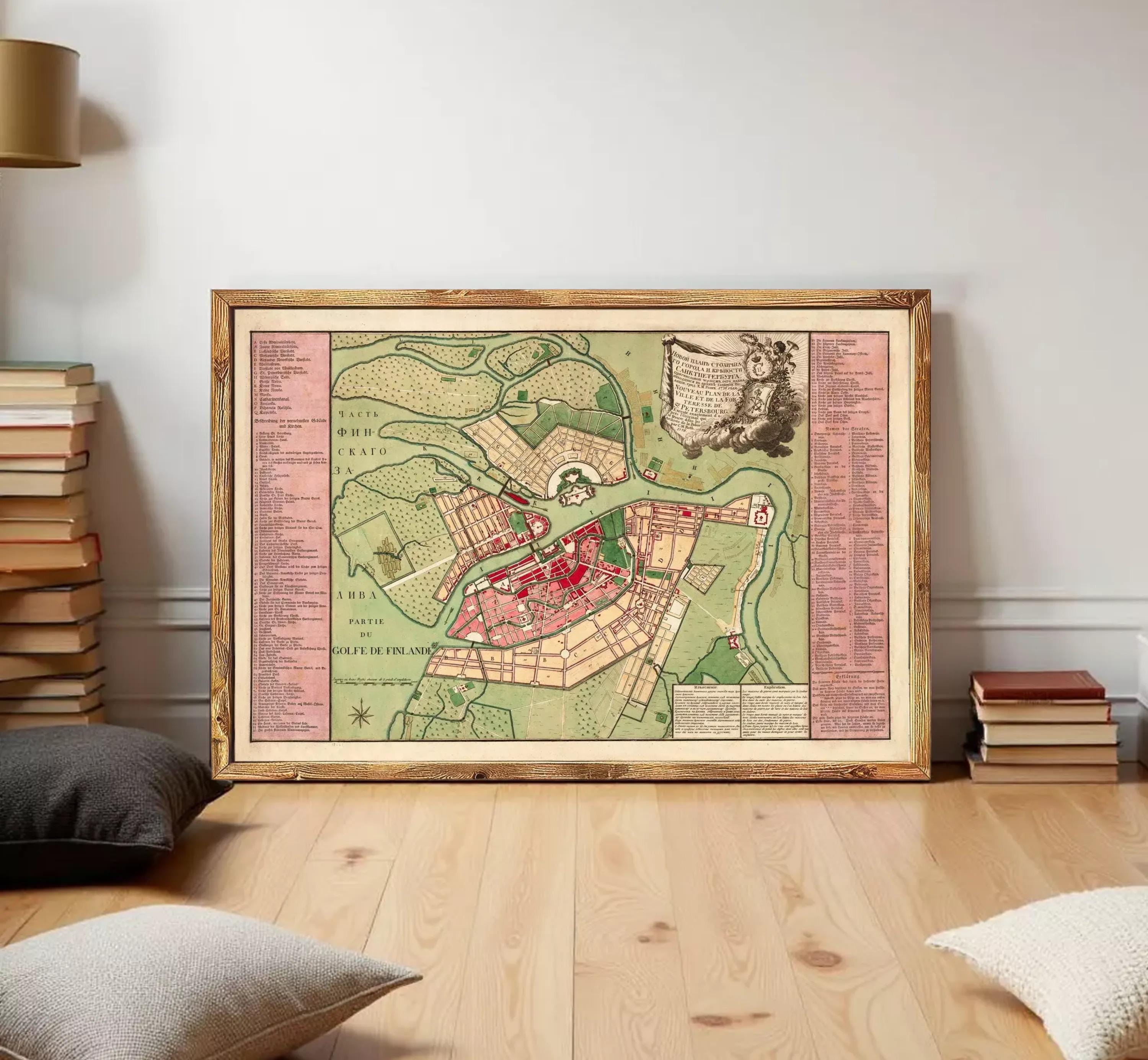 The image is a framed map of a city, likely a historical or geographical map, displayed on a wall.