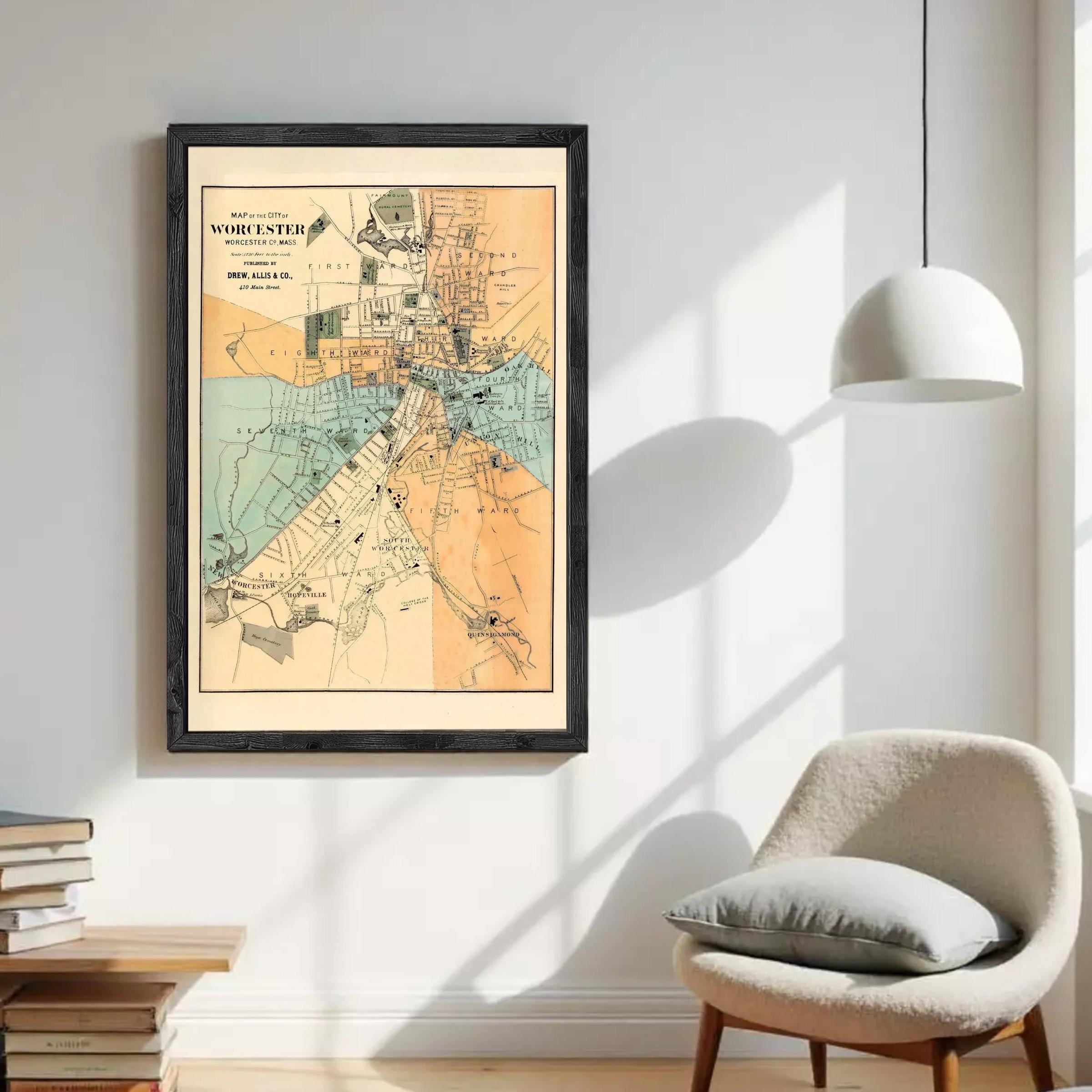 The image is a framed vintage map of the city of Worcestershire, England, dated 1877.