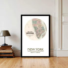 A framed vintage map of New York City, with the text "Map of NYC New York" and "40.47° N 73.48° W" printed on it.