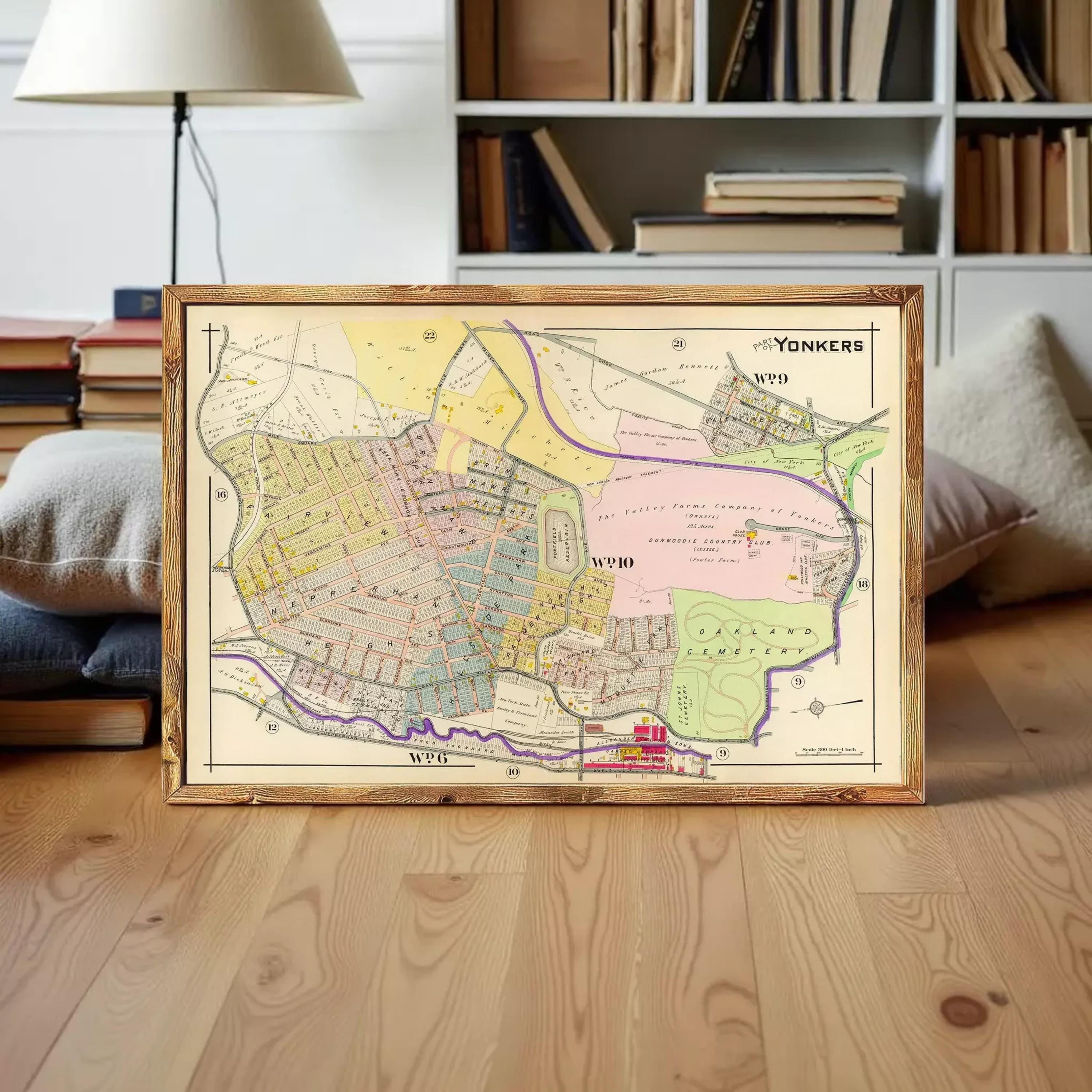 The image is a framed vintage map of the Yonkers area, showing a detailed layout of the neighborhood with streets, landmarks, and other geographical features.