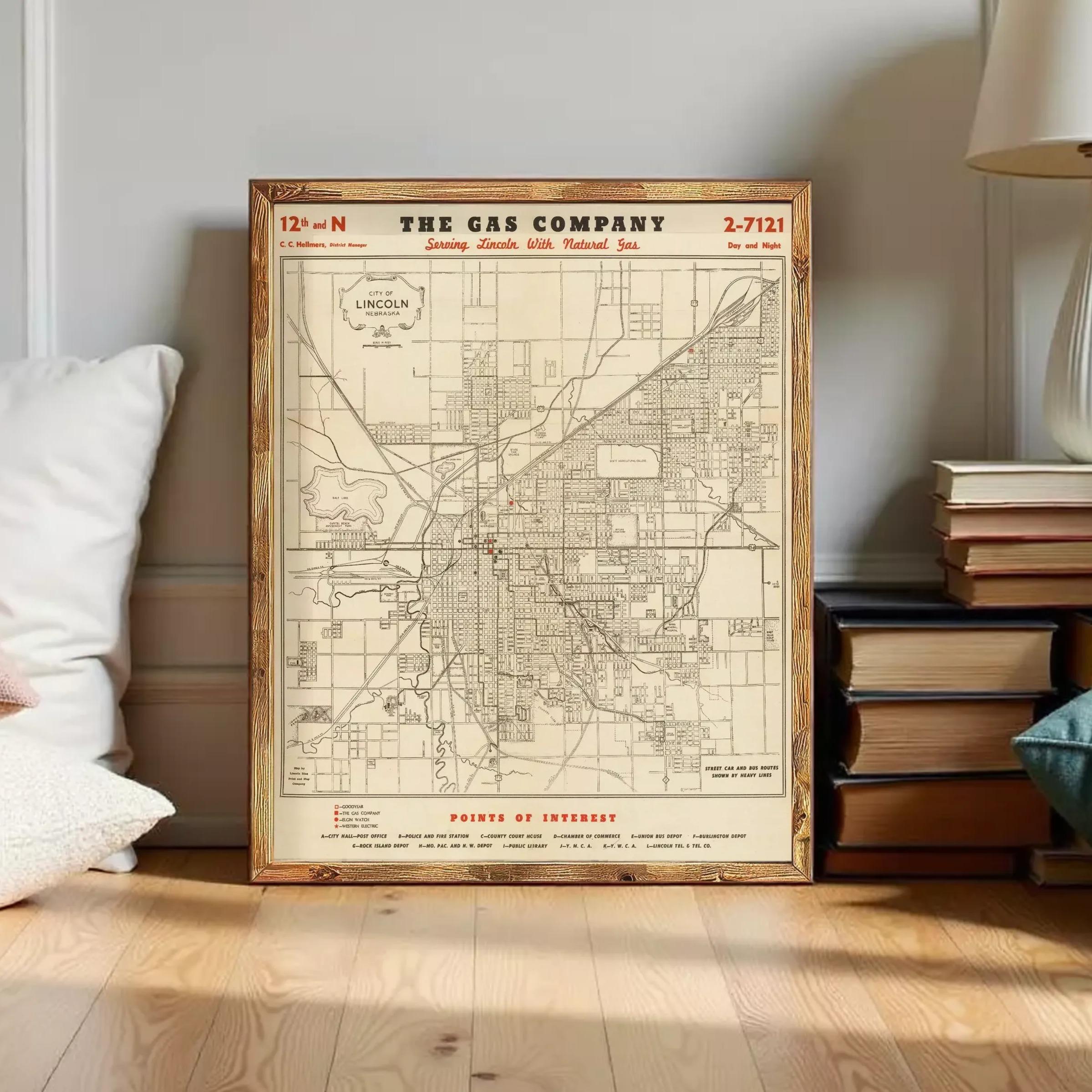 a framed map of Lincoln, Nebraska, with a vintage style and a wooden frame.
