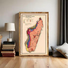 a framed map of Madagascar, with a lamp and books on a wooden floor in the background.