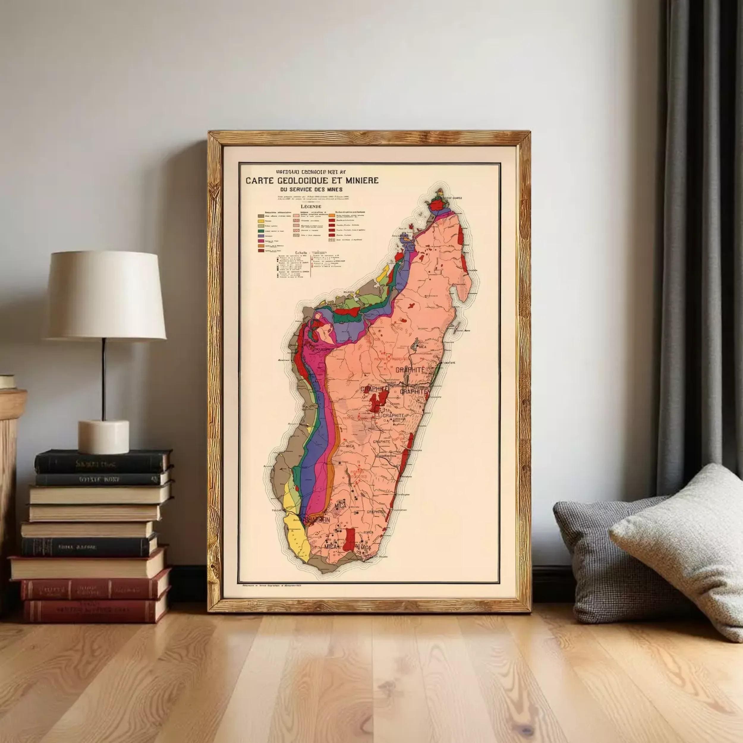 a framed map of Madagascar, with a lamp and books on a wooden floor in the background.