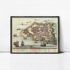 The image is a framed vintage map of a coastal city, depicting various ships and boats in the surrounding waters.
