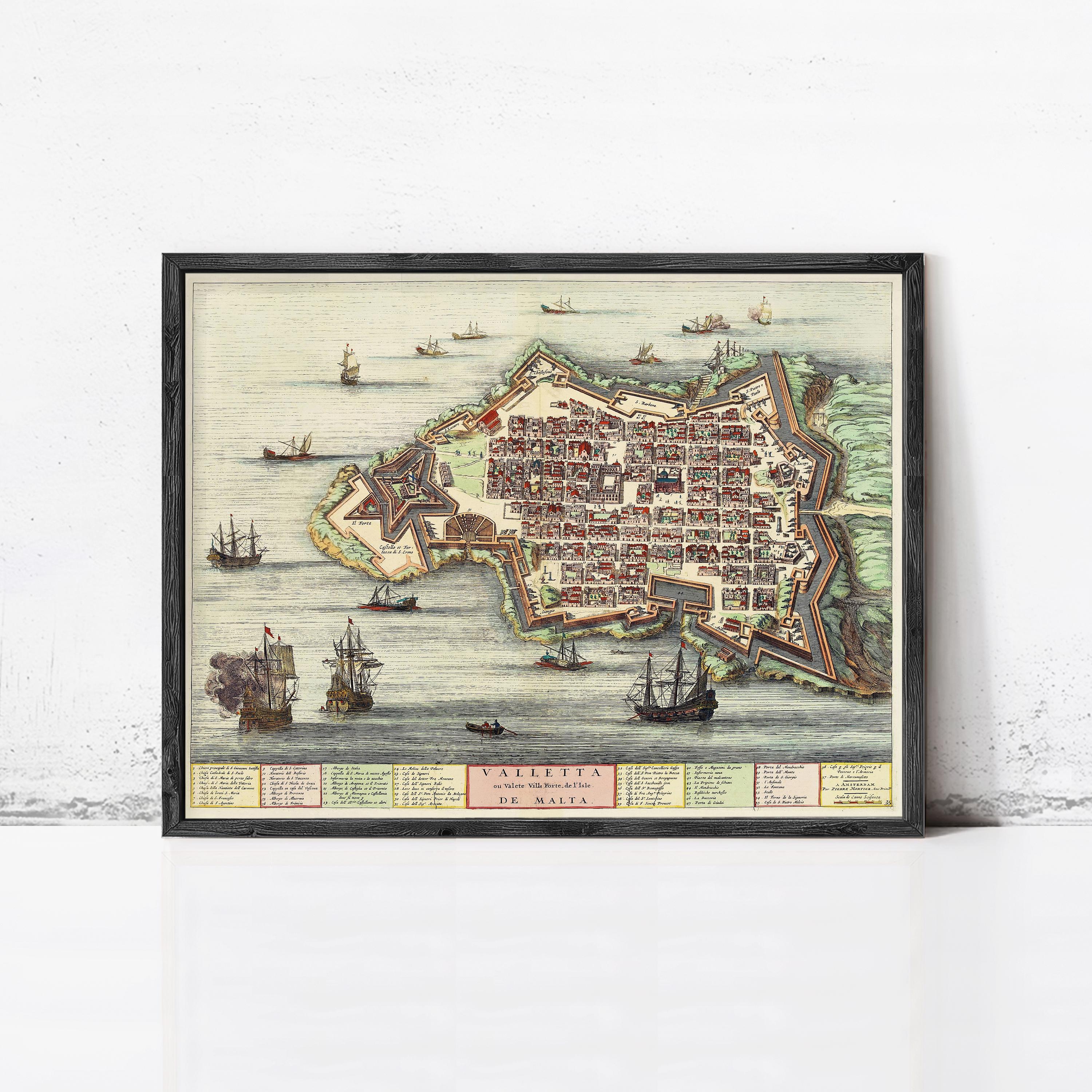 The image is a framed vintage map of a coastal city, depicting various ships and boats in the surrounding waters.