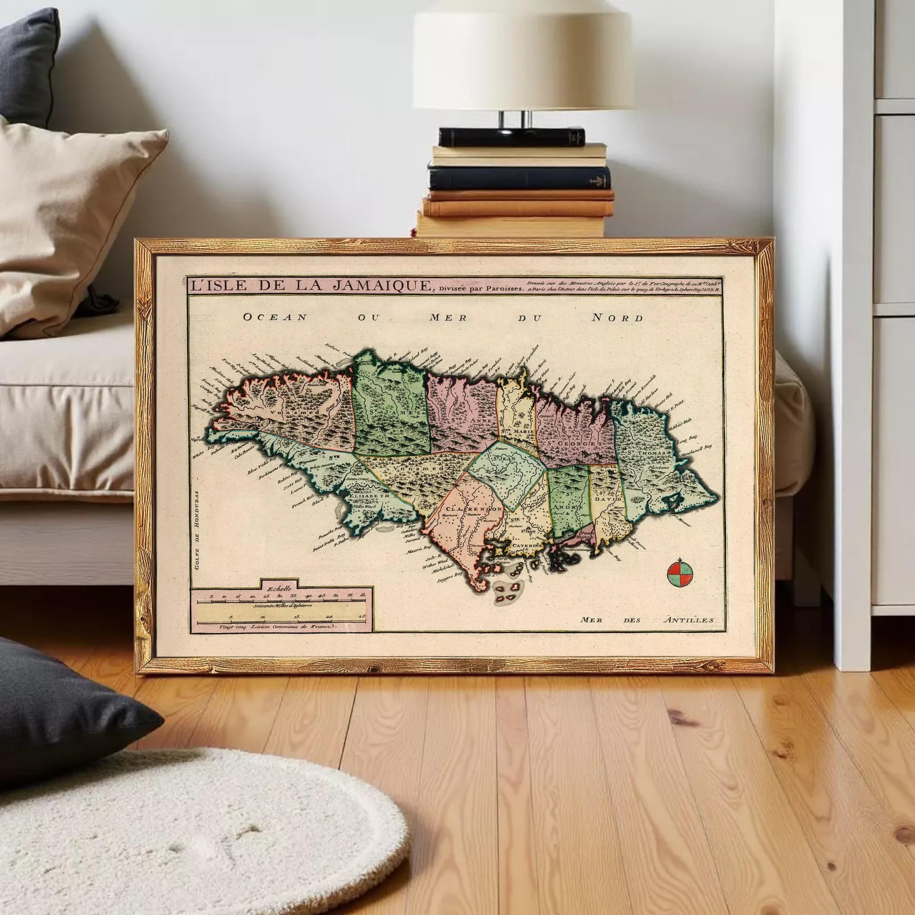 The image is a framed vintage map of Jamaica, depicting the island's geographical features and boundaries.