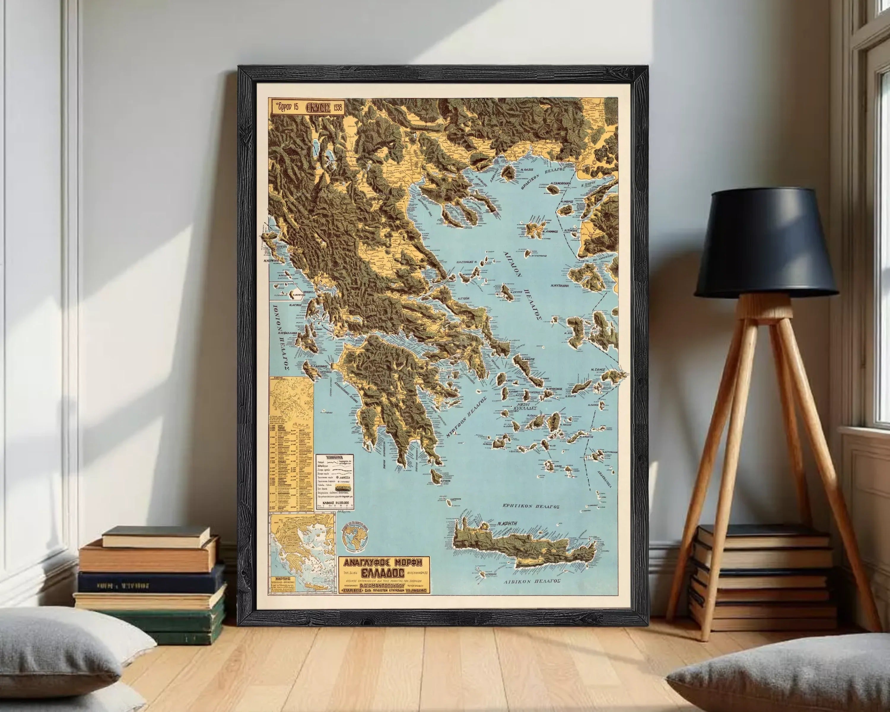 The image is a framed map of the Greek archipelago, which includes islands and coastal areas.