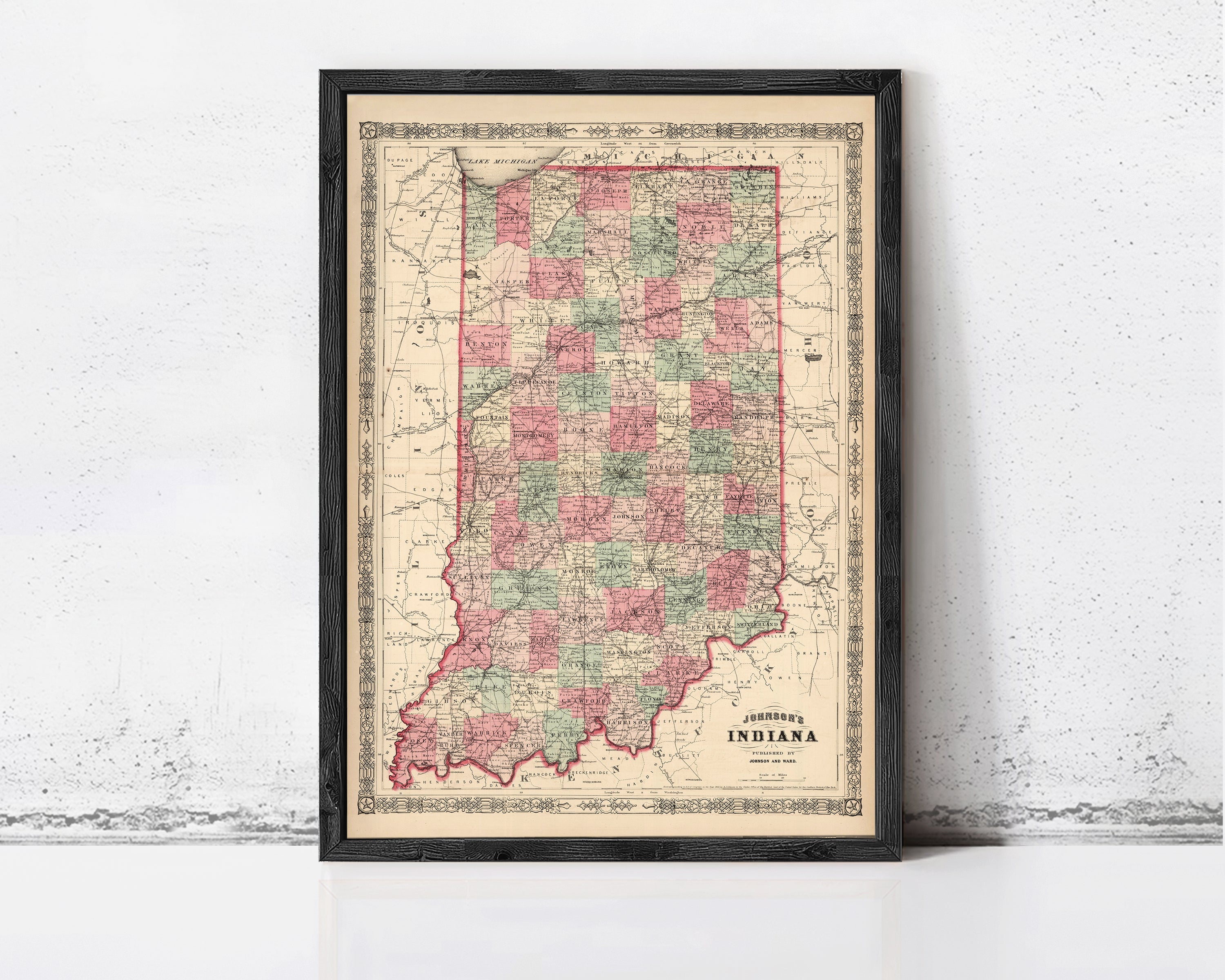The image is a framed map of Indiana, with a vintage style and a color palette of red, green, and beige.