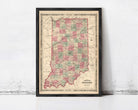 The image is a framed map of Indiana, with a vintage style and a color palette of red, green, and beige.