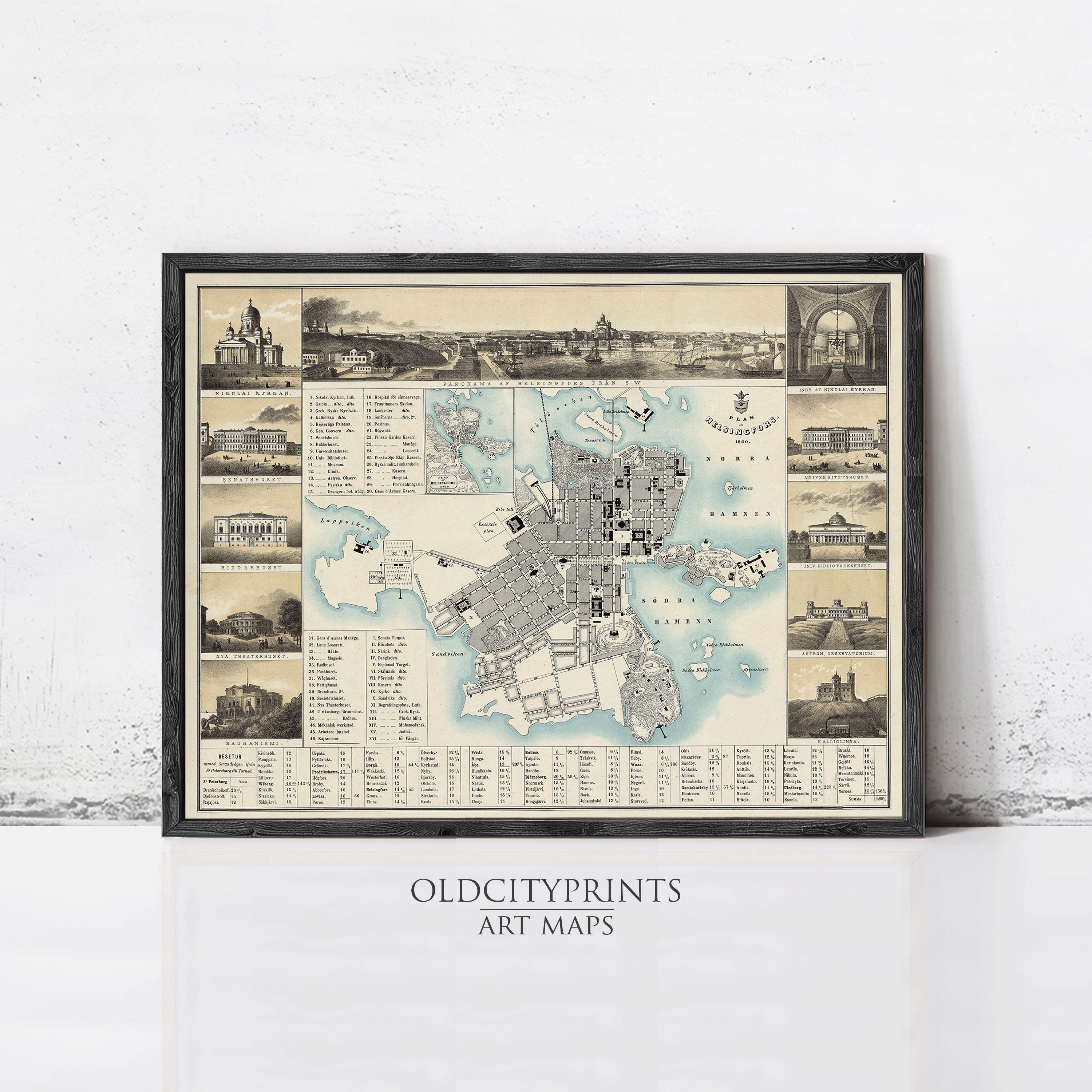 The image is a framed art print depicting a detailed map of a city, with various landmarks and buildings labeled.