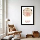 A framed vintage map of Bogota, Colombia, with a circular design around the map.