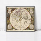The image is a framed antique map of the world, featuring intricate details and decorative elements.