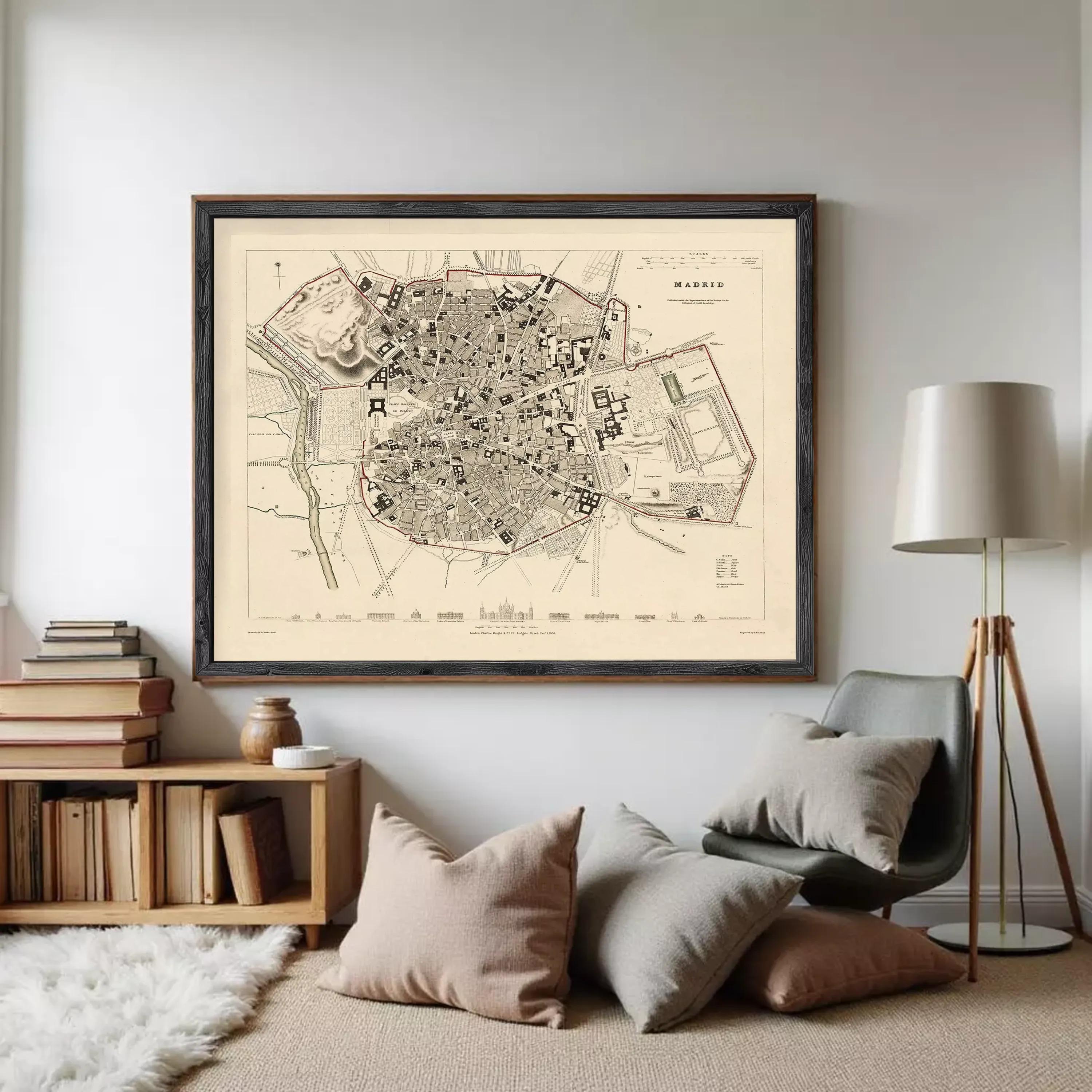 The image is a framed vintage map of Madrid, Spain, depicting the city's layout and surrounding areas.