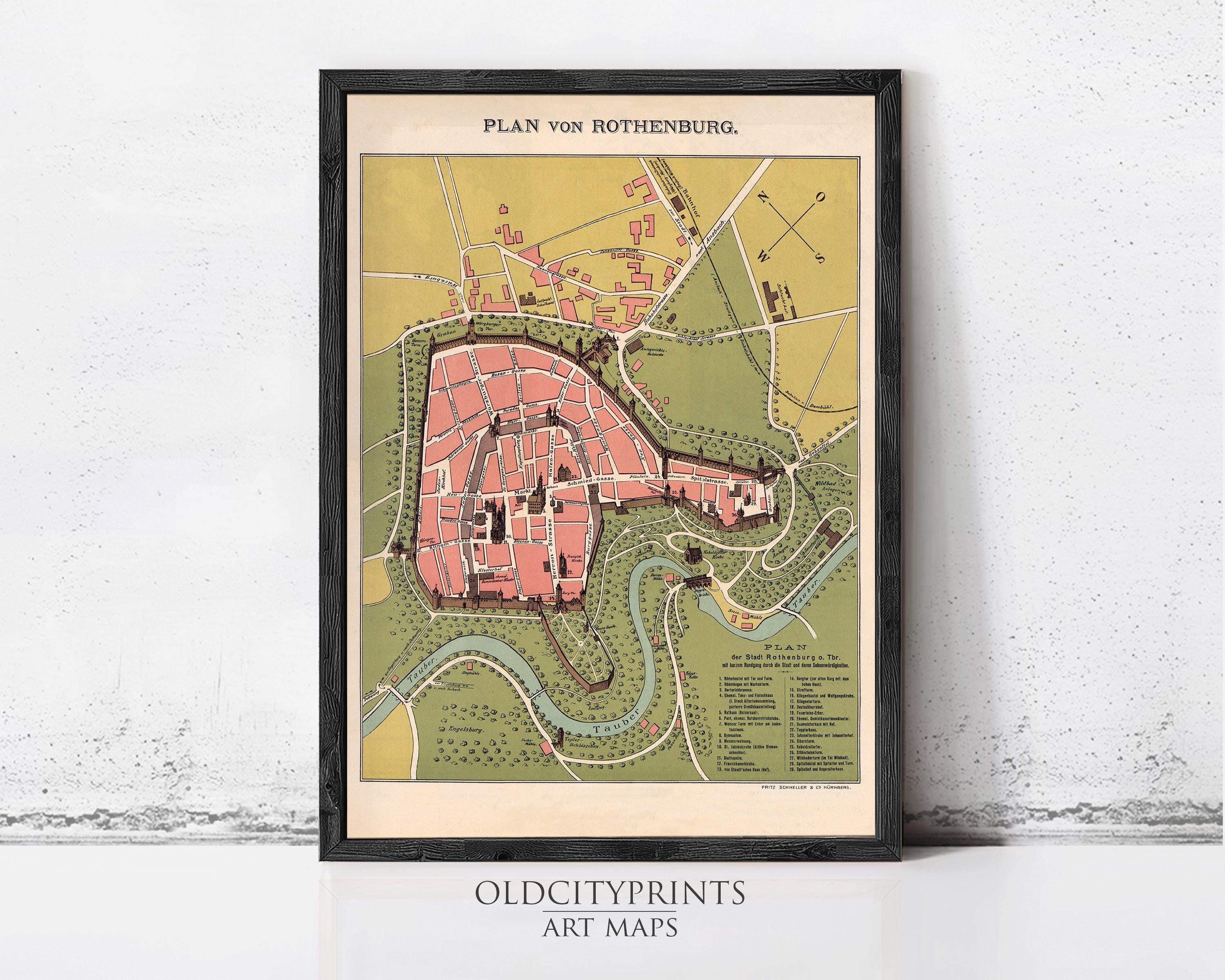 The image is a framed vintage map of the city of Rothenburg, Germany, depicting the layout and surrounding areas.