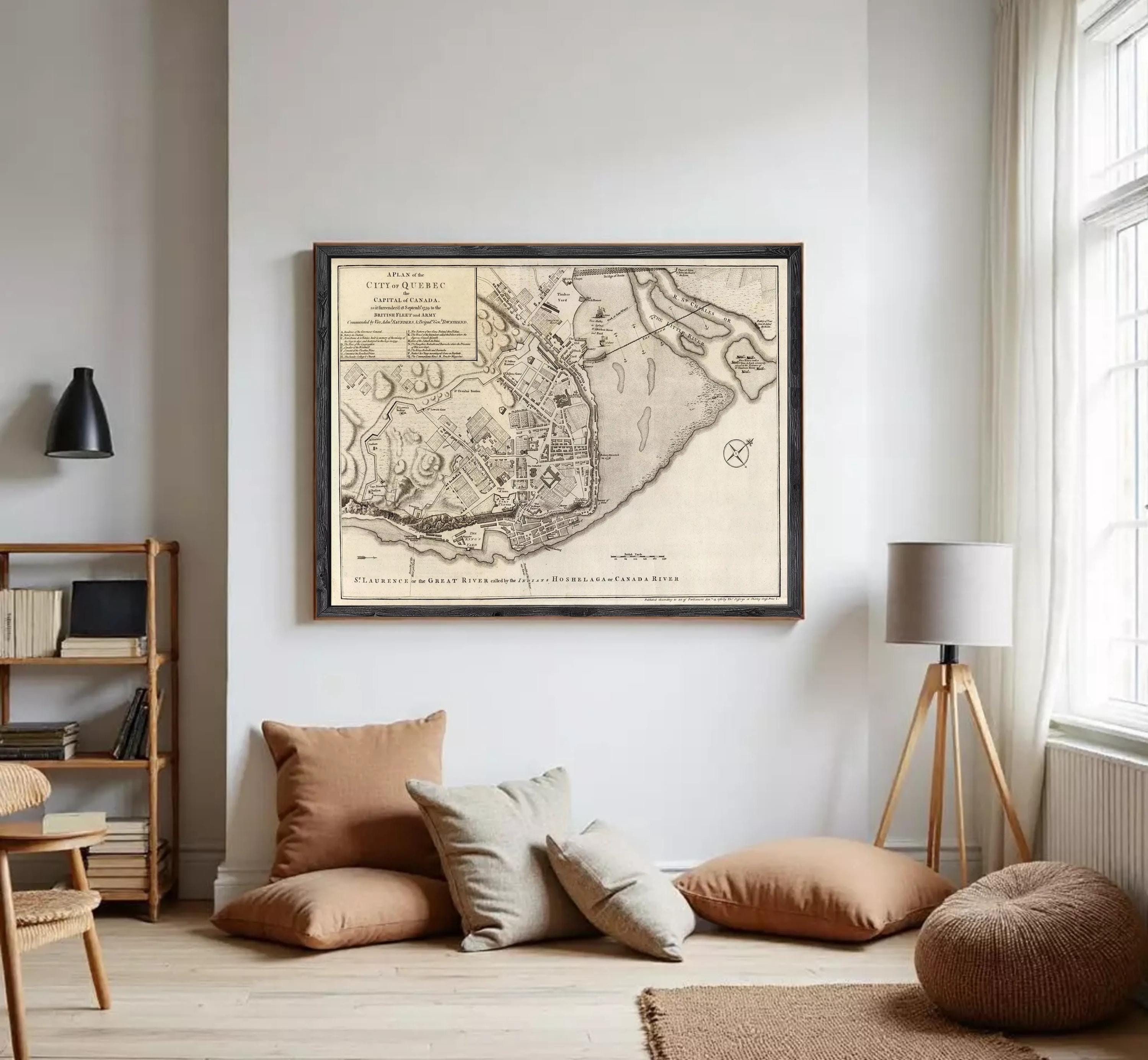 The image is a framed historical map of the city of Montreal, Canada, depicting the city's layout and surrounding areas.