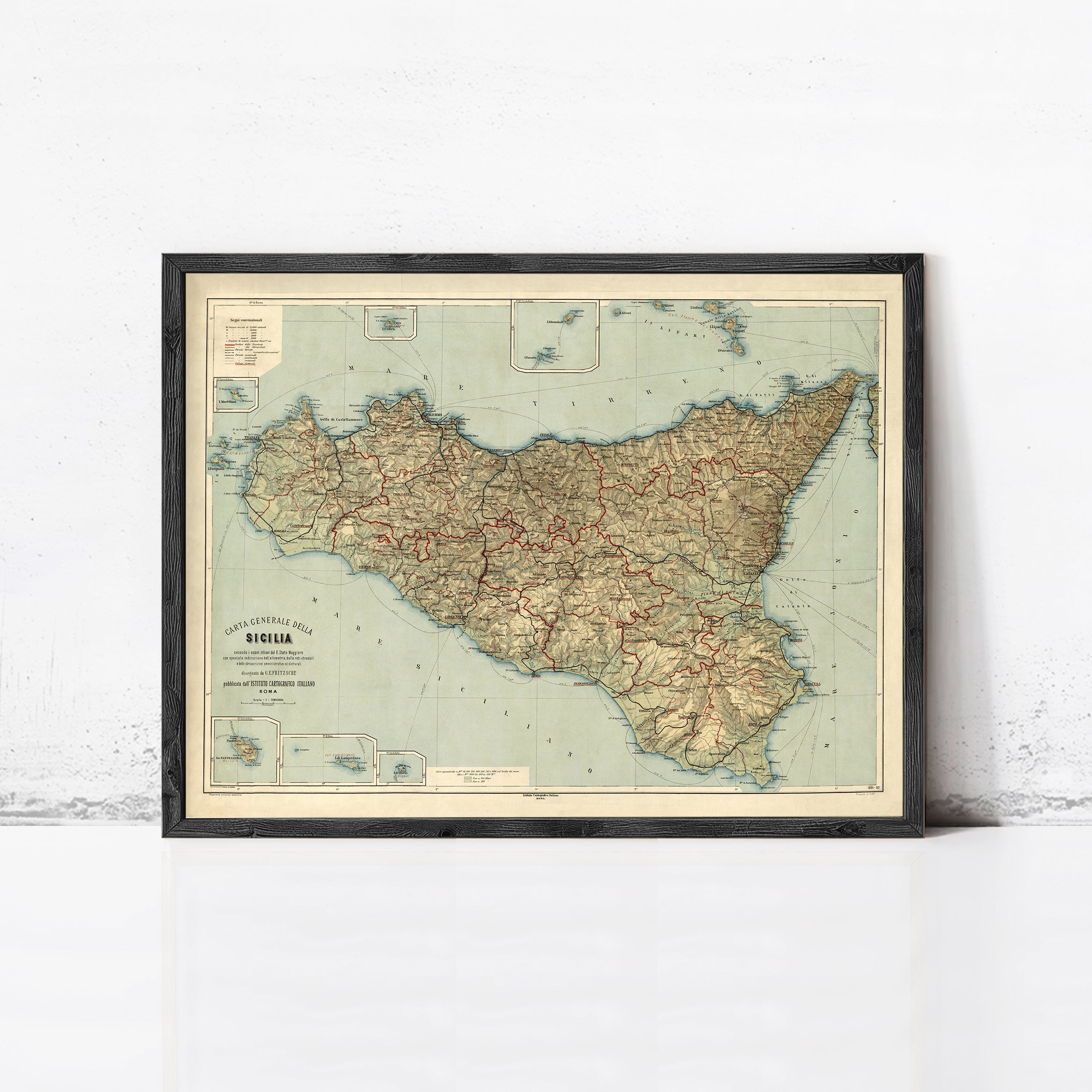 The image is a framed map of Sicily, Italy, depicting the country's geographical layout and surrounding areas.