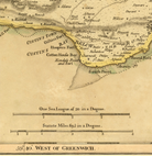The image is a historical map of the coastal area of the East coast of the United States, showing the coastline, towns, and surrounding bodies of water.