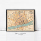 The image is a framed vintage map of a city, likely Paris, with various streets, landmarks, and a river depicted.