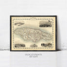 The image is a framed vintage map of Jamaica, featuring various landmarks and geographical details.