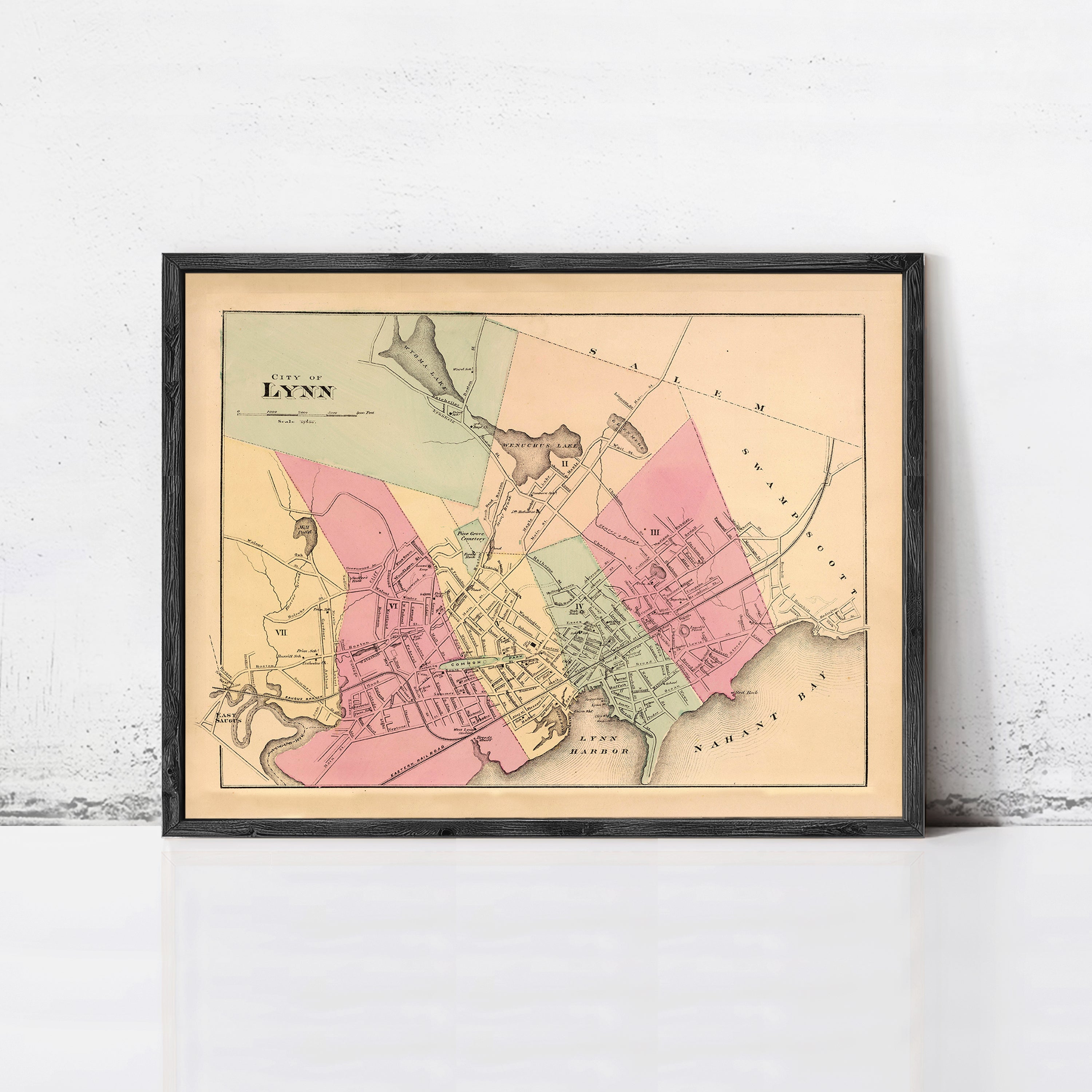 The image is a framed vintage map of Lynn, Massachusetts, depicting the town and surrounding areas.