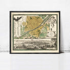 The image is a framed antique map of Florence, Italy, depicting the city and surrounding areas in a detailed and intricate manner.