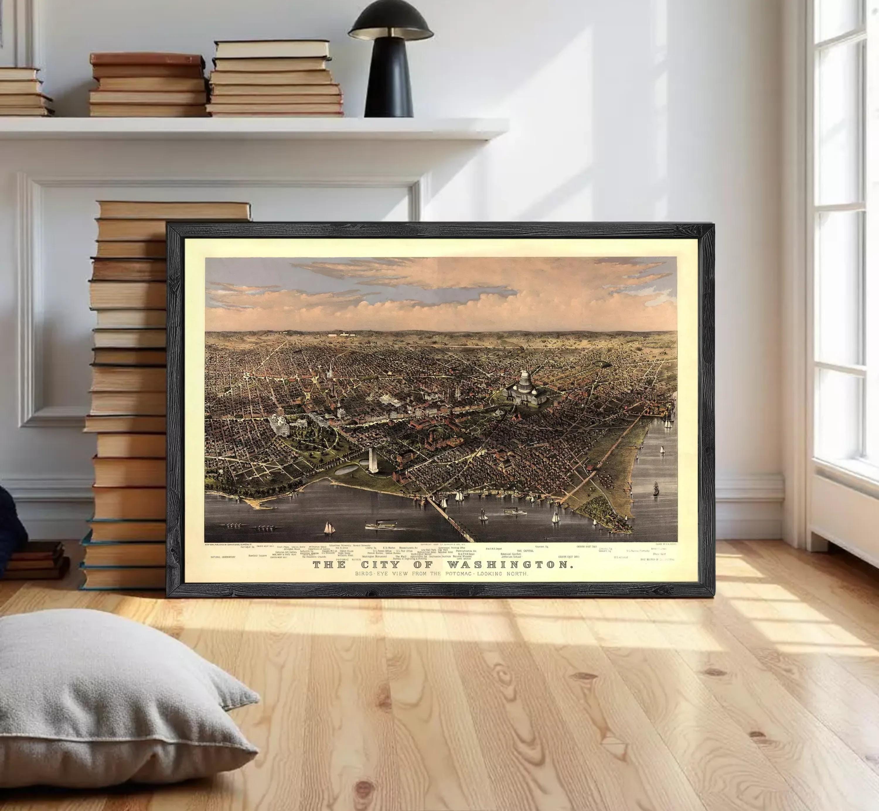 The image is a framed vintage map of Washington, D.C., depicting the city's layout and surrounding areas.