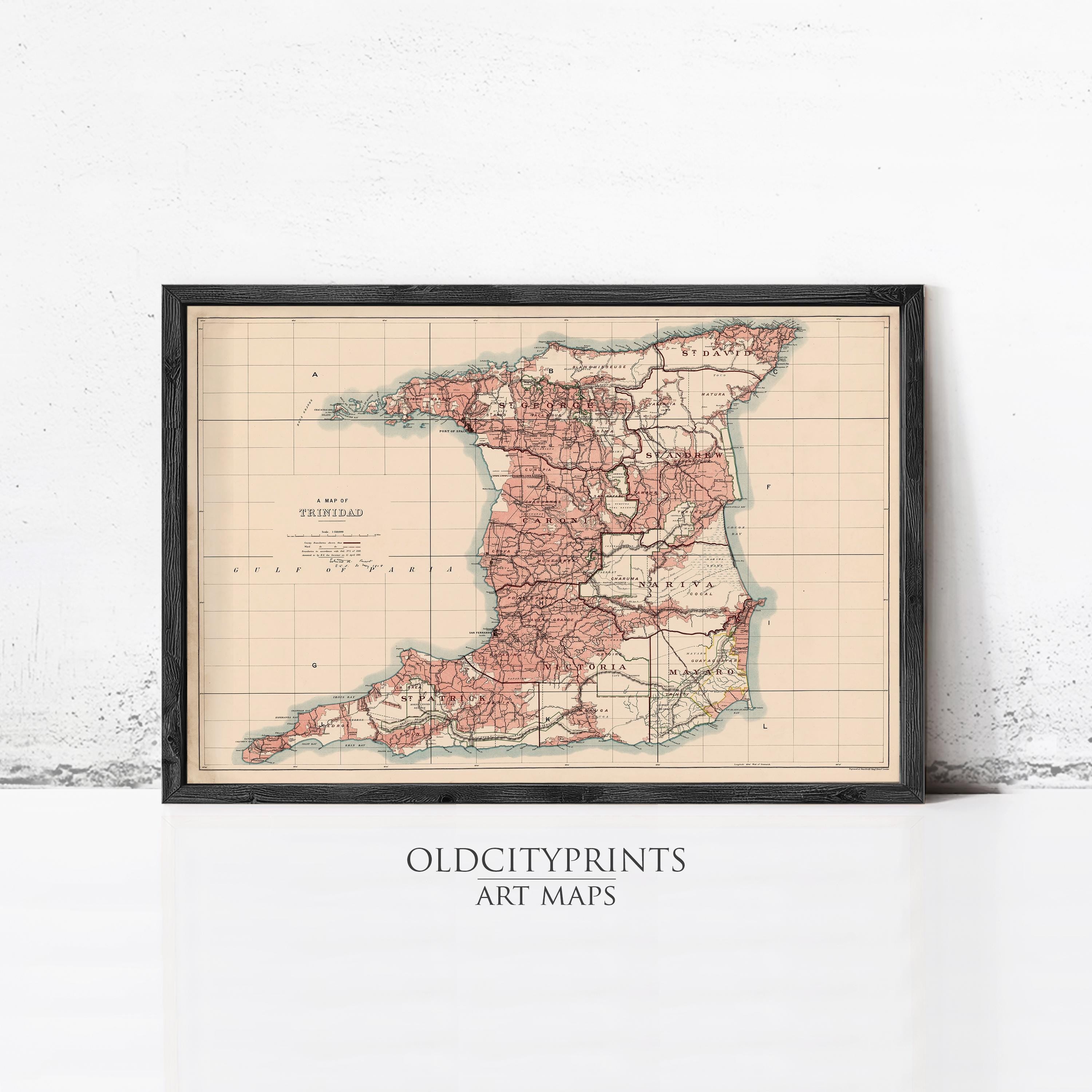 The image is a framed vintage map of Trinidad and Tobago, a map of the island country.