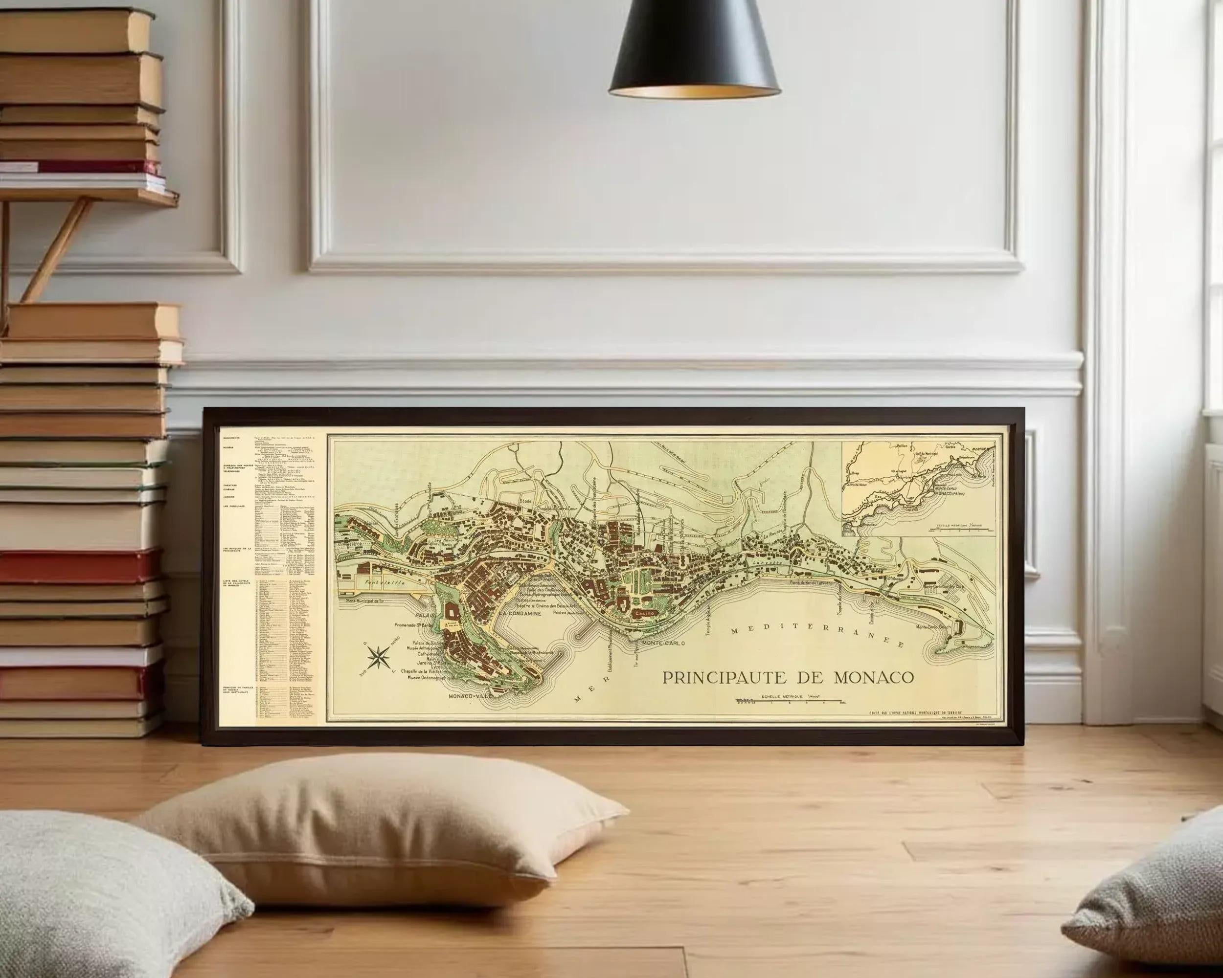 a framed map of the Principality of Monaco, a small French island located in the Mediterranean Sea.