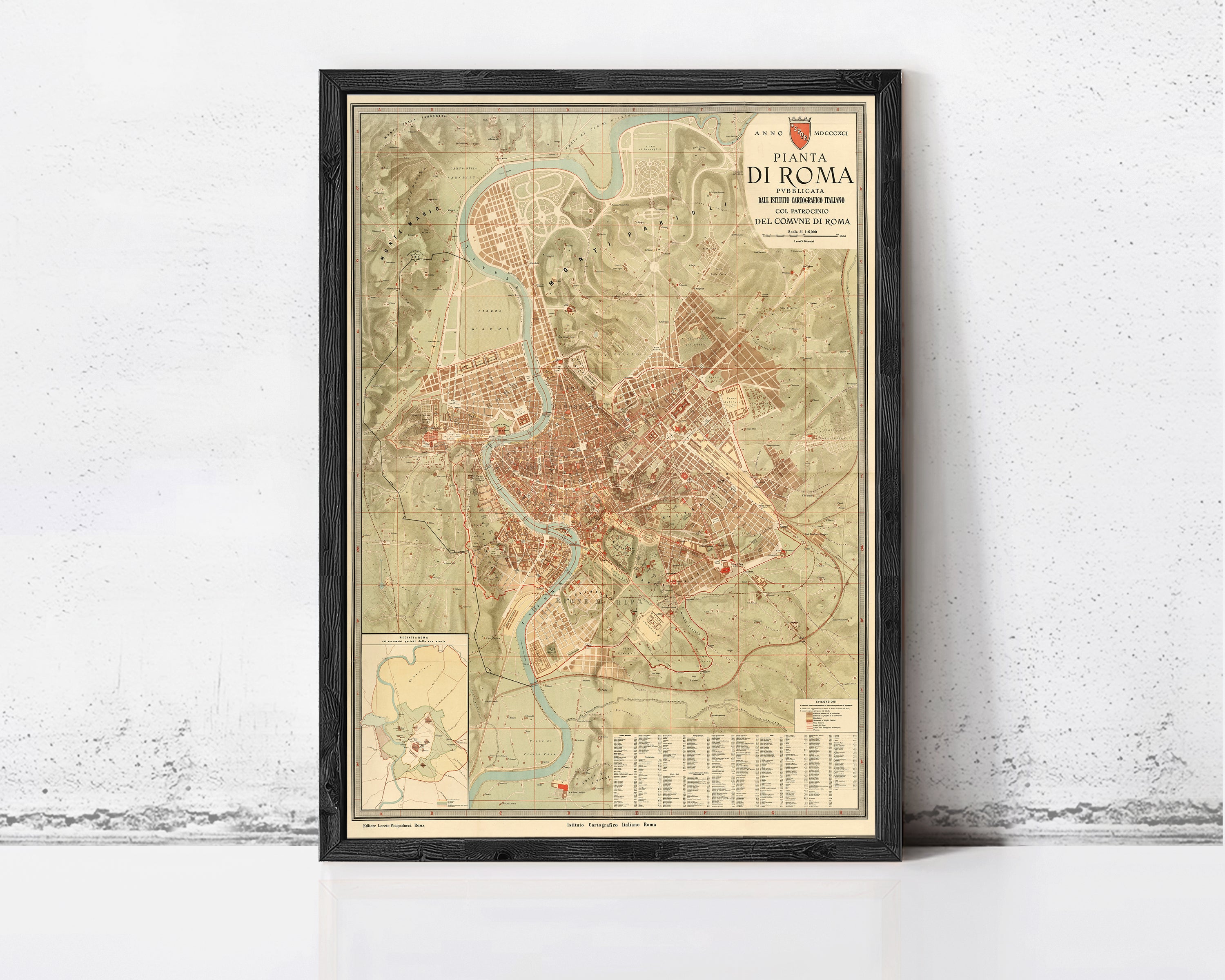 The image is a framed map of the city of Rome, Italy, depicting the layout and surrounding areas.