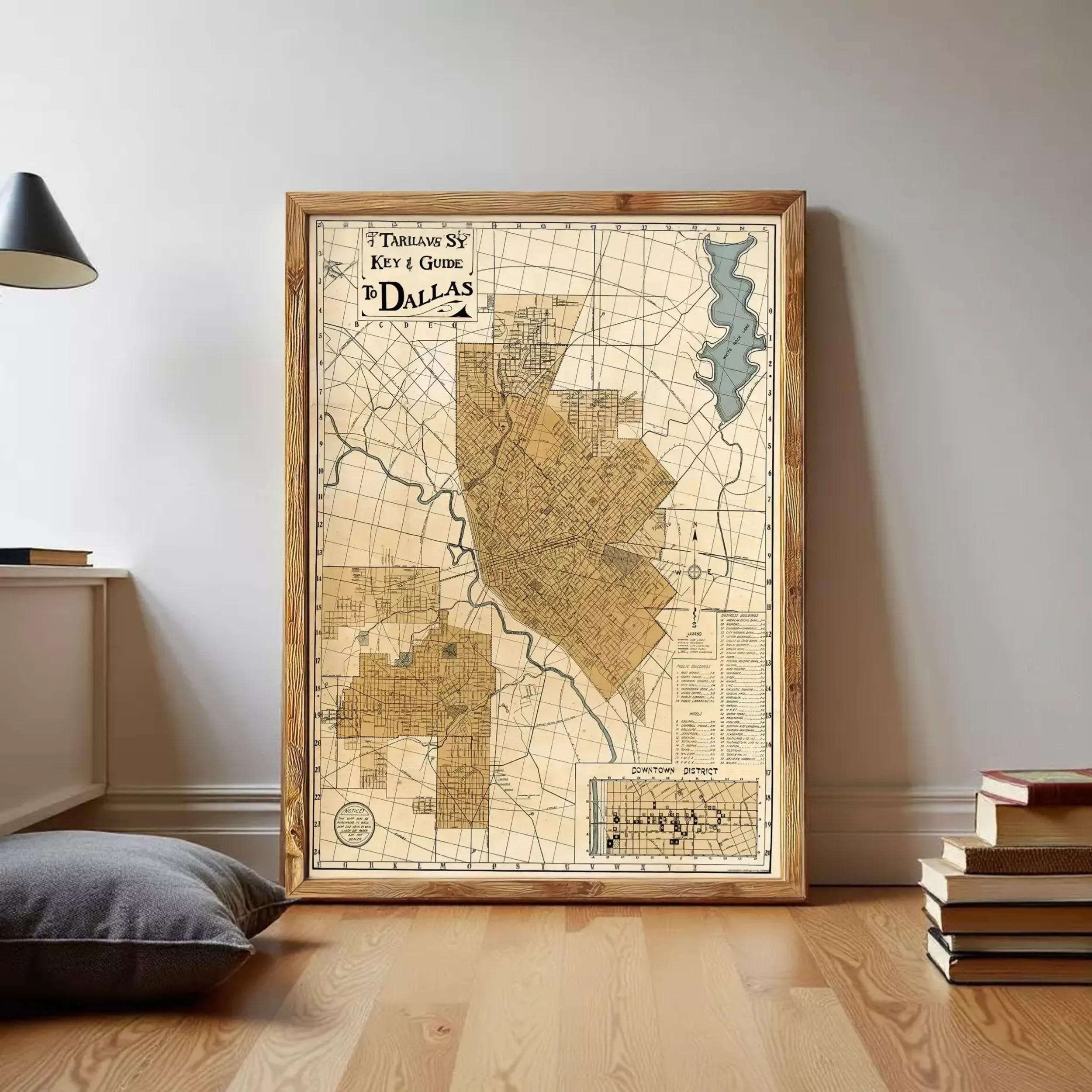 A framed map of Dallas, Texas, with a vintage style and a wooden frame.