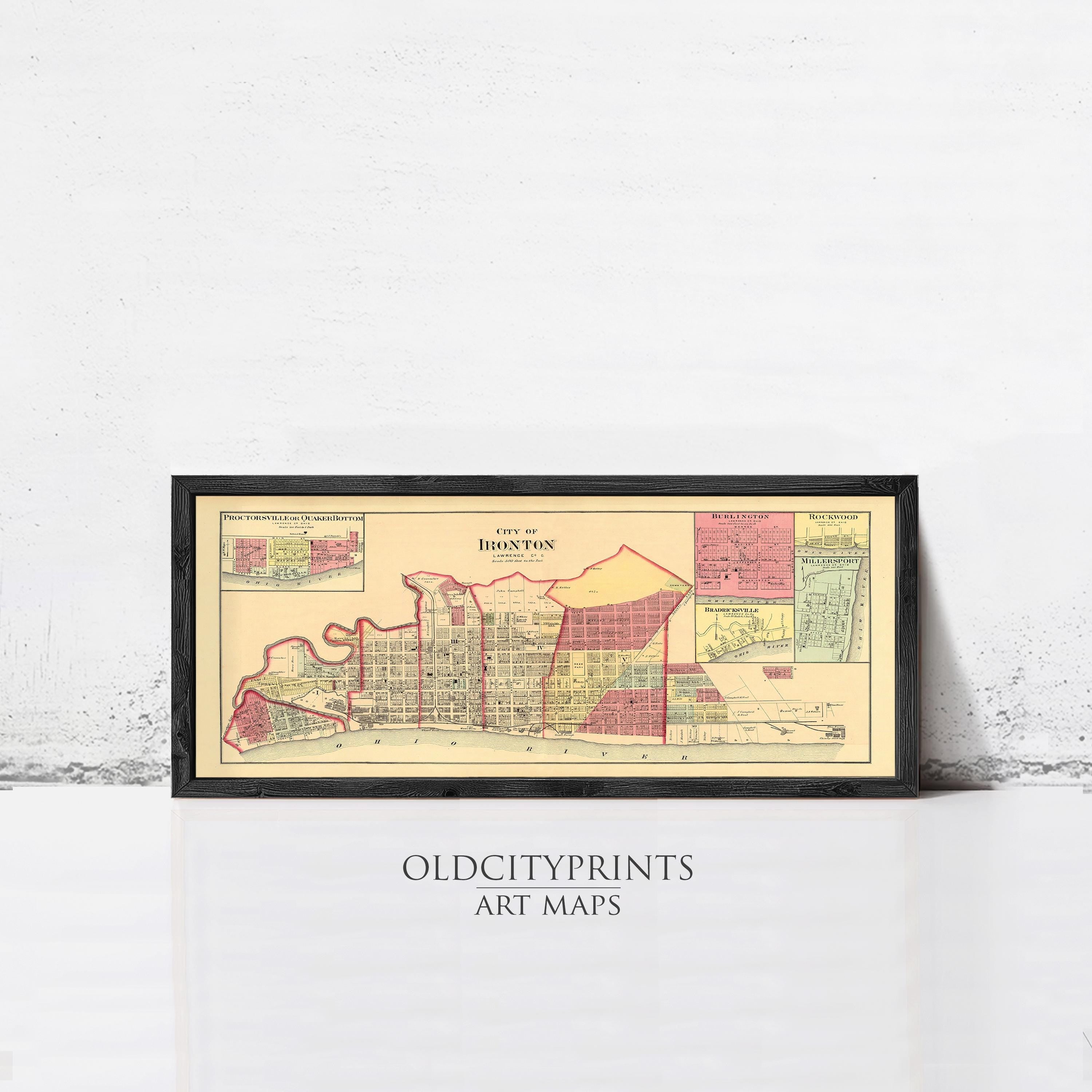The image is a framed art print depicting a map of Hong Kong, with a focus on the city's layout and surrounding areas.