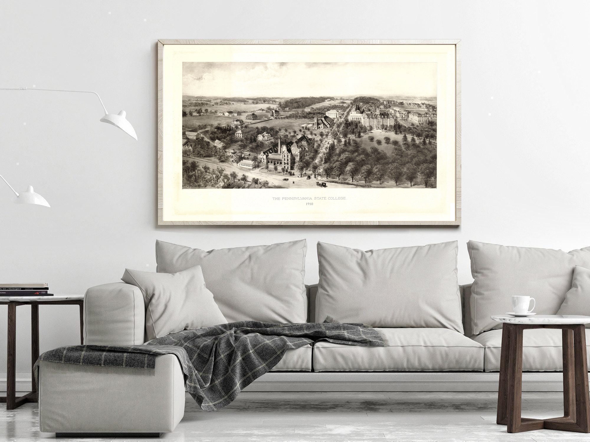 a large black and white framed picture of a countryside landscape hanging on a wall above a gray sofa with a plaid throw blanket.