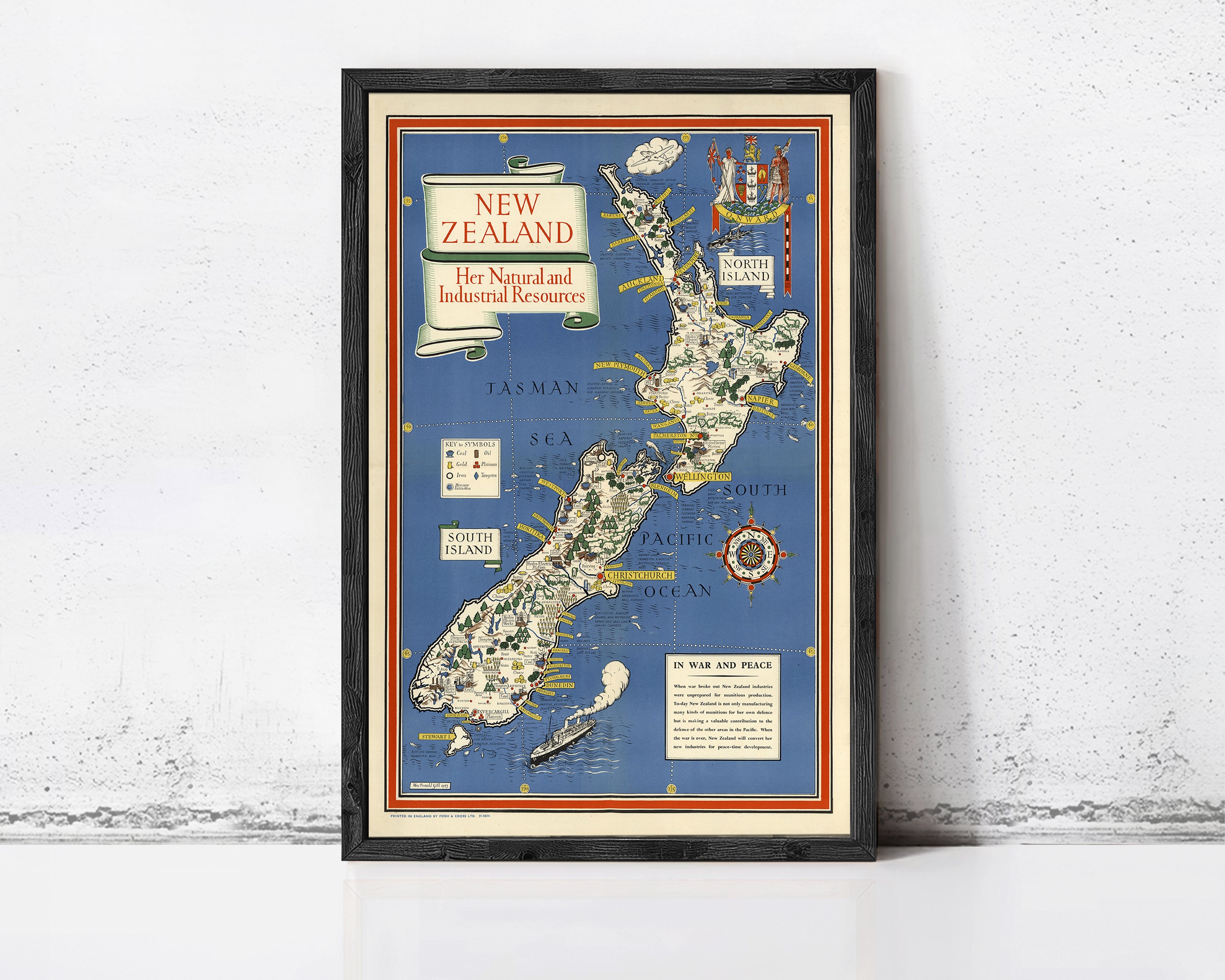 The image is a framed vintage map of New Zealand, depicting the country's geographical features and landmarks.