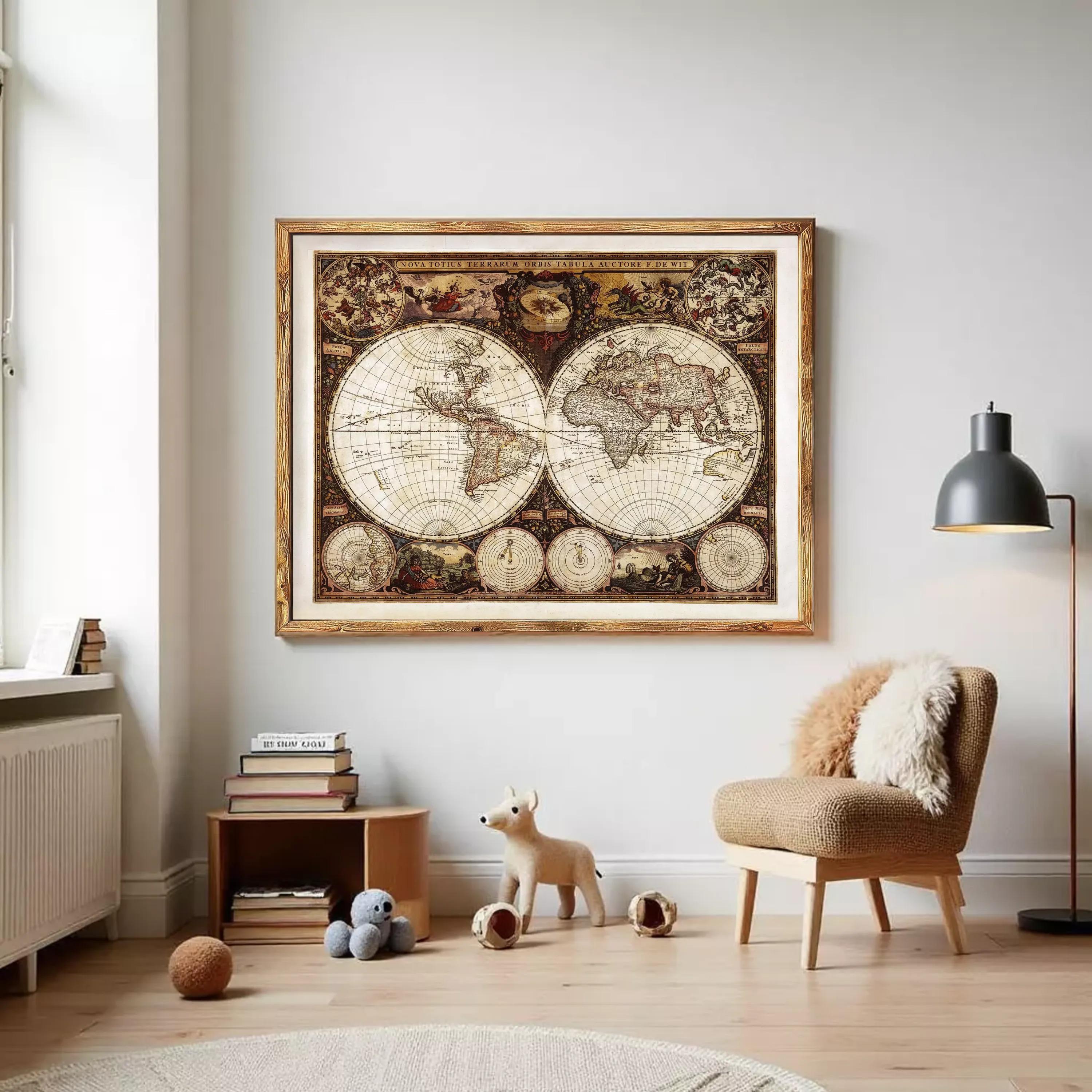 The image is a framed antique world map with intricate designs and details, displayed on a white wall.