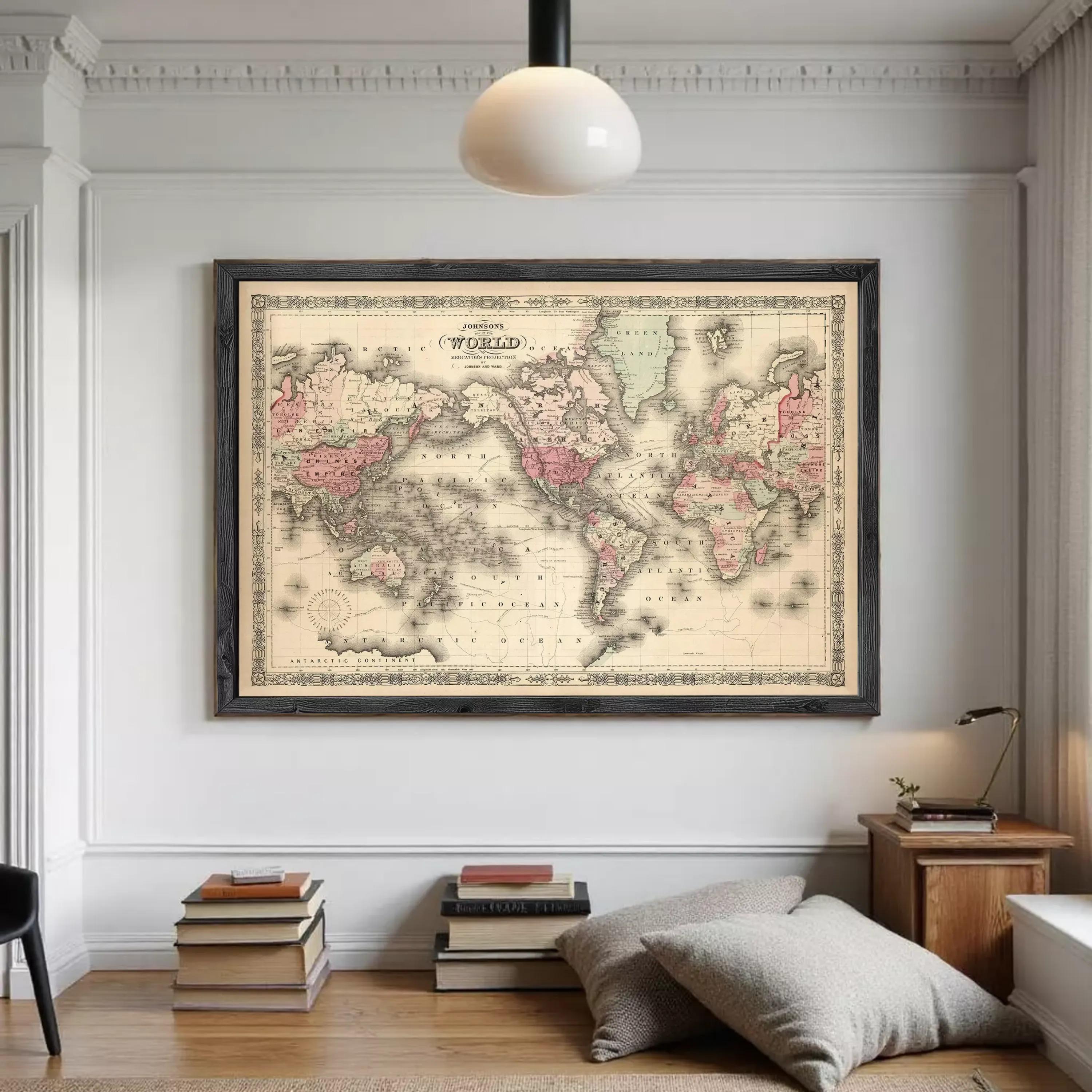 The image is a framed vintage map of the world, depicting the continents and oceans in a detailed and colorful manner.