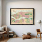 The image is a framed map of New York City, depicting the city's streets and neighborhoods in a vintage style.