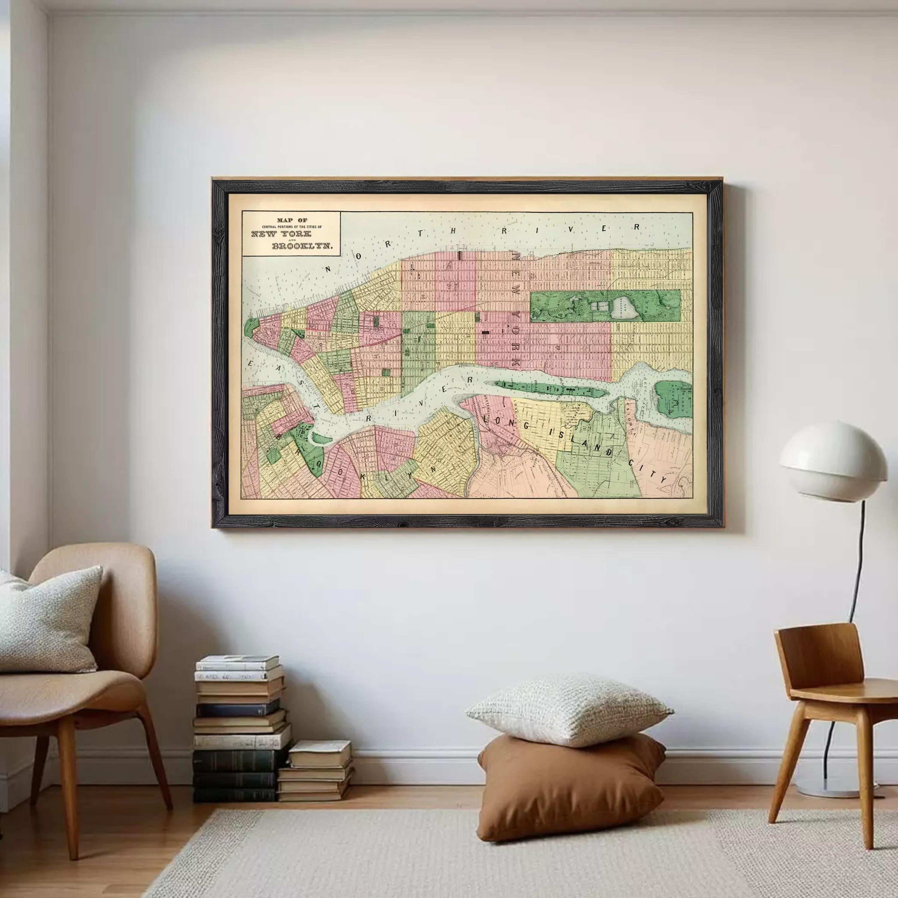 The image is a framed map of New York City, depicting the city's streets and neighborhoods in a vintage style.
