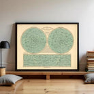a framed vintage map of the night sky, with a wooden shelf below it.