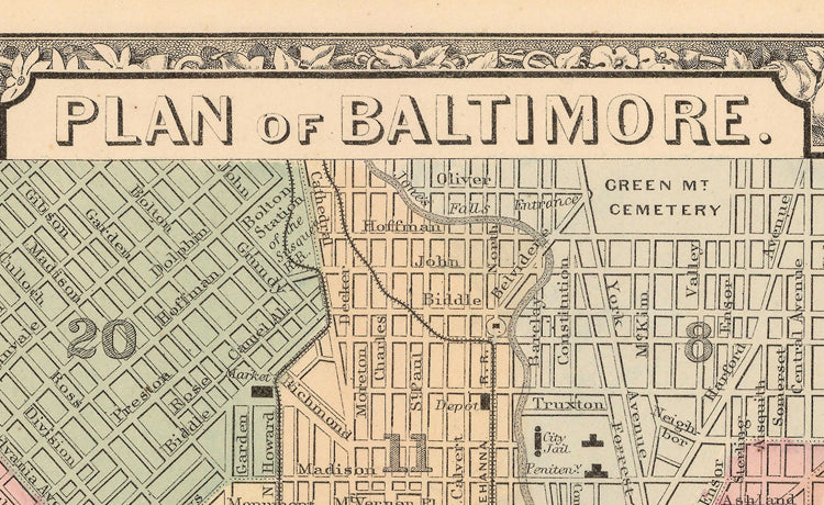 The image is a vintage map of Baltimore, showing the city's streets and neighborhoods.