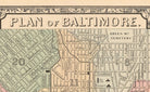 The image is a vintage map of Baltimore, showing the city's streets and neighborhoods.